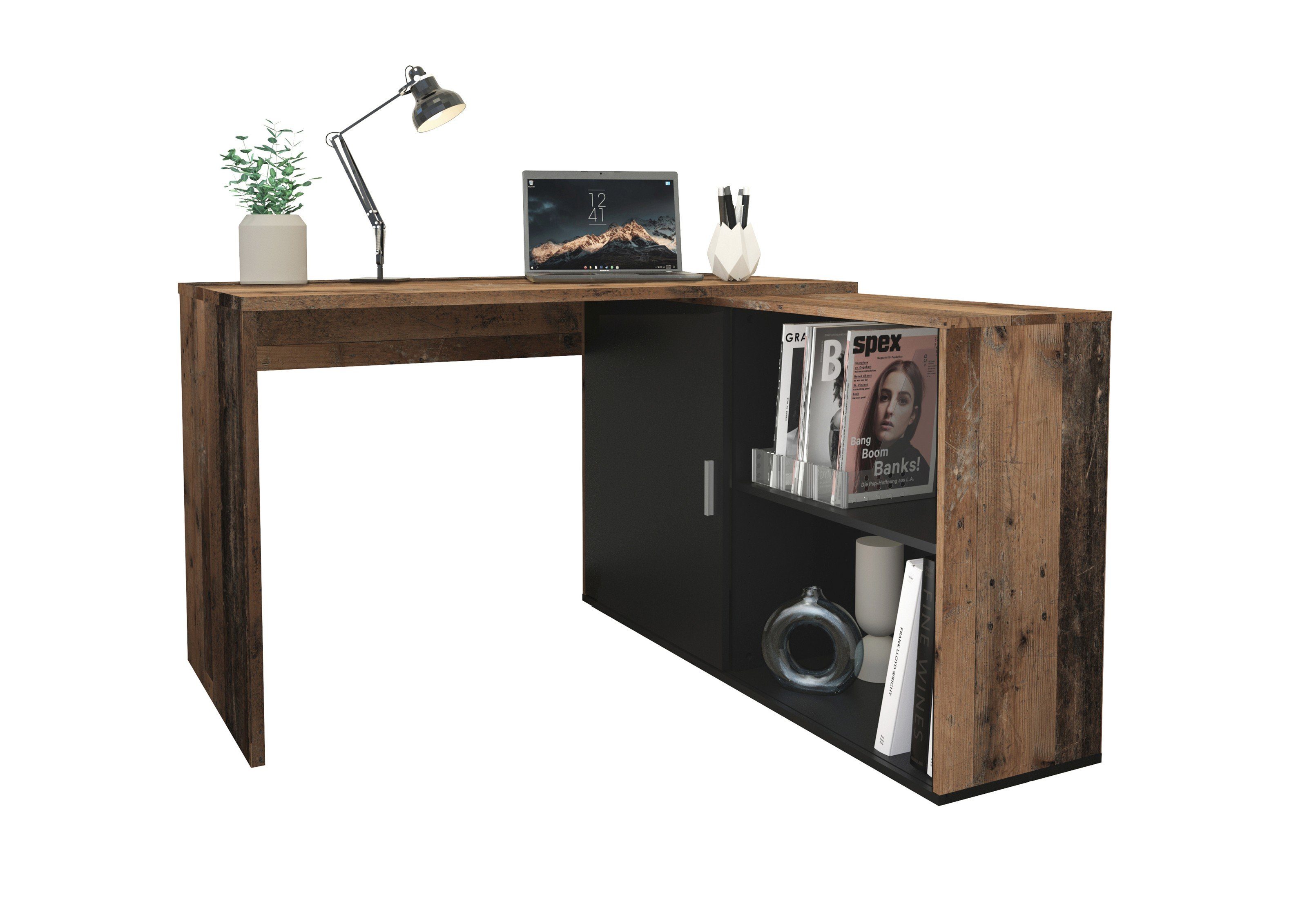 FMD Möbel Eckschreibtisch in Old Style dunkel / schwarz P. mit einer Tür und 2 Einlegeböden (BxHxT: 118x75x60,5 cm)