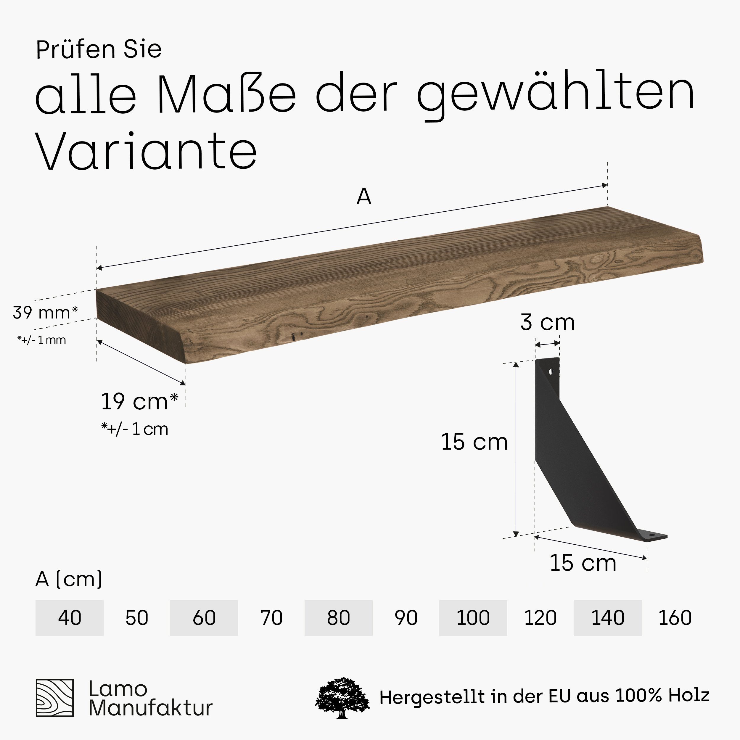 Manufaktur Massivholzplatte Wandregal LAMO Vintage, 40mm Komplett-Set, Nussbaum stake