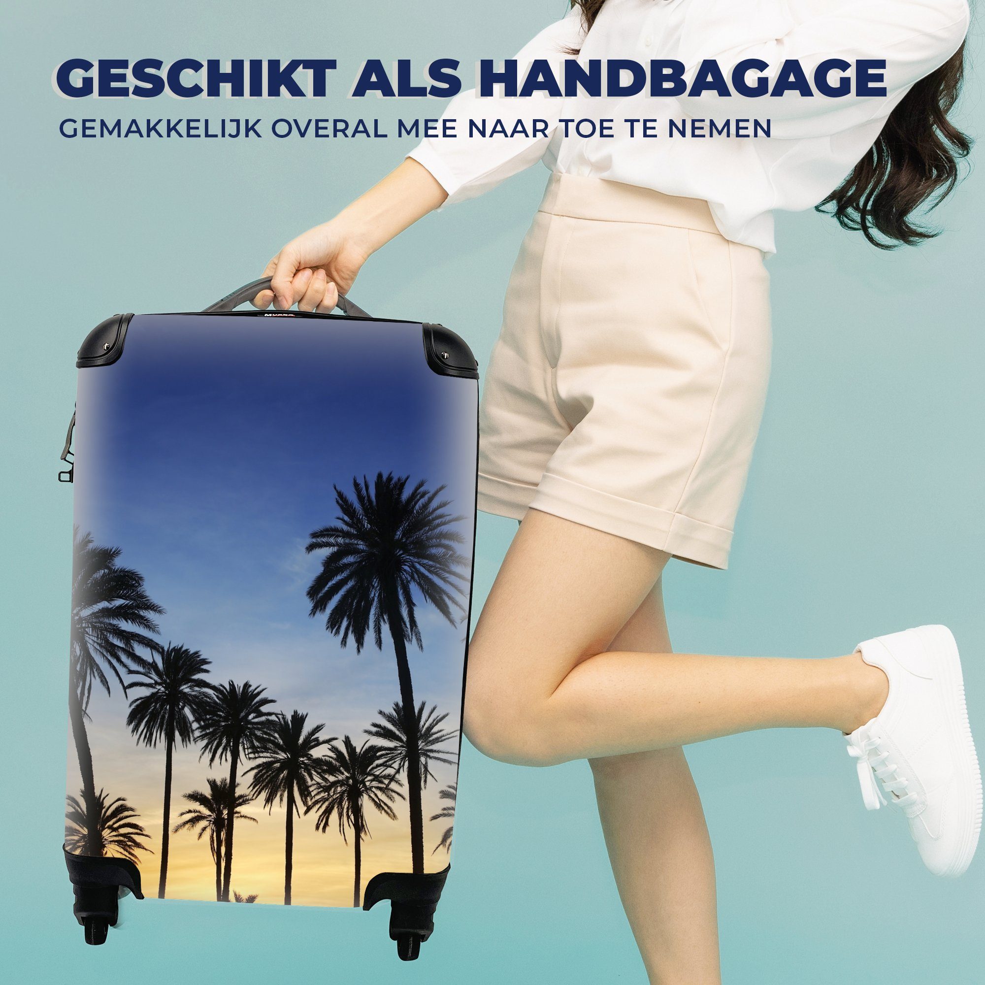 Ferien, rollen, - Reisekoffer Nacht, Reisetasche mit - Strand Trolley, Sonne 4 für - Handgepäck MuchoWow Rollen, - Natur Handgepäckkoffer Palme