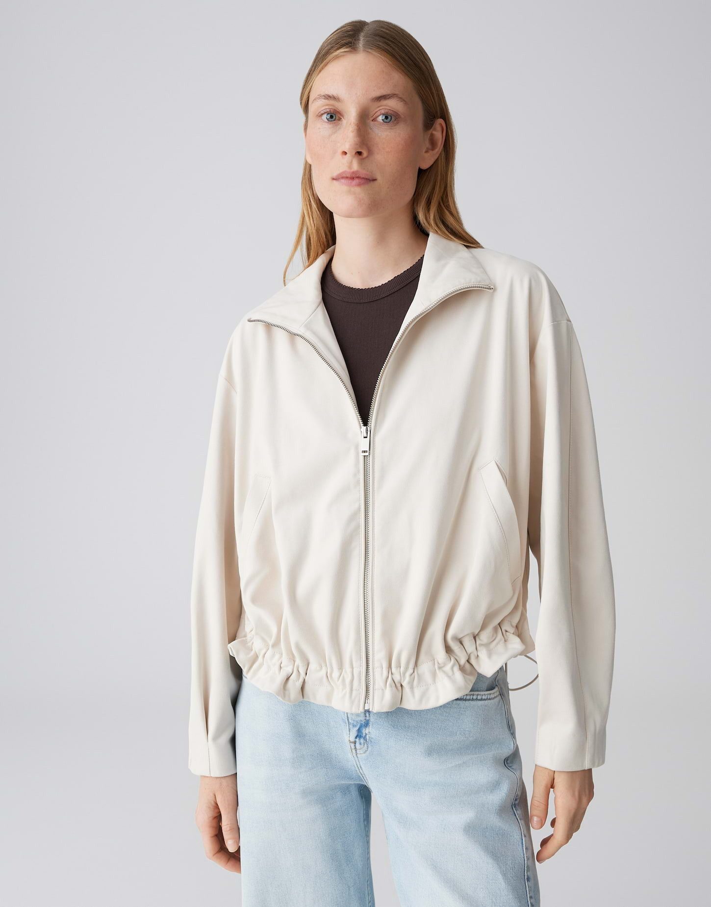 OPUS Jackenblazer Kurzjacke in Velourleder Optik Lockerer Schnitt, Tunnelzug im Saum, Ballonärmel