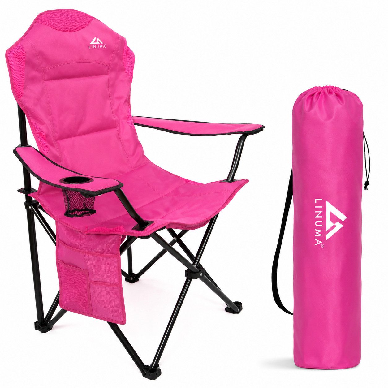 LINUMA Campingstuhl faltbar mit extra großem Getränkehalter, stabiler Klappstuhl schwarz (1 St), Faltbarer Campingstuhl mit XL-Getränkehalter für Festival & Outdoor