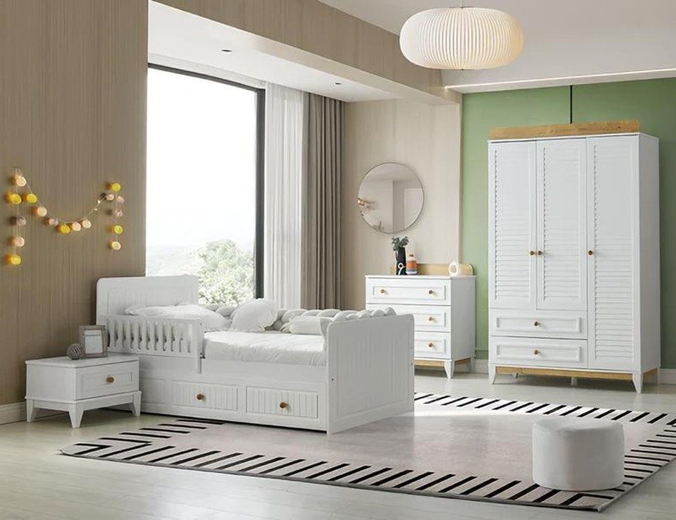 Jugendzimmer-Set Bett, Nachttisch, Kommode und Kleiderschrank für Kinderzimmer