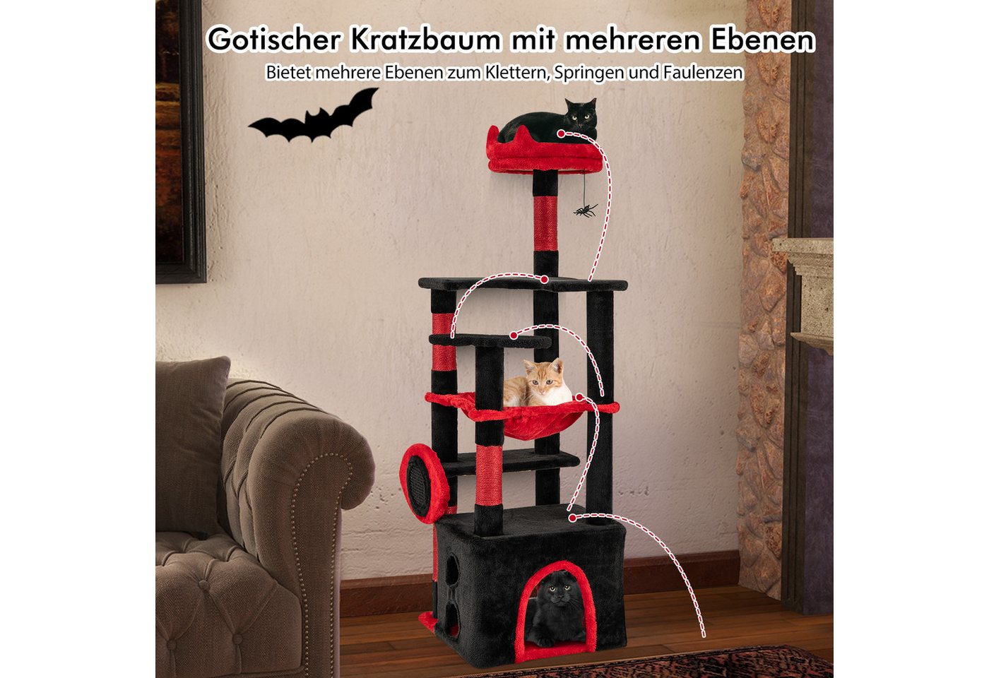 Thumbnail - KOMFOTTEU Kratzbaum, Katzenbaum mit 2 Plattform, Kratzsäulen, Hängematte&Höhle