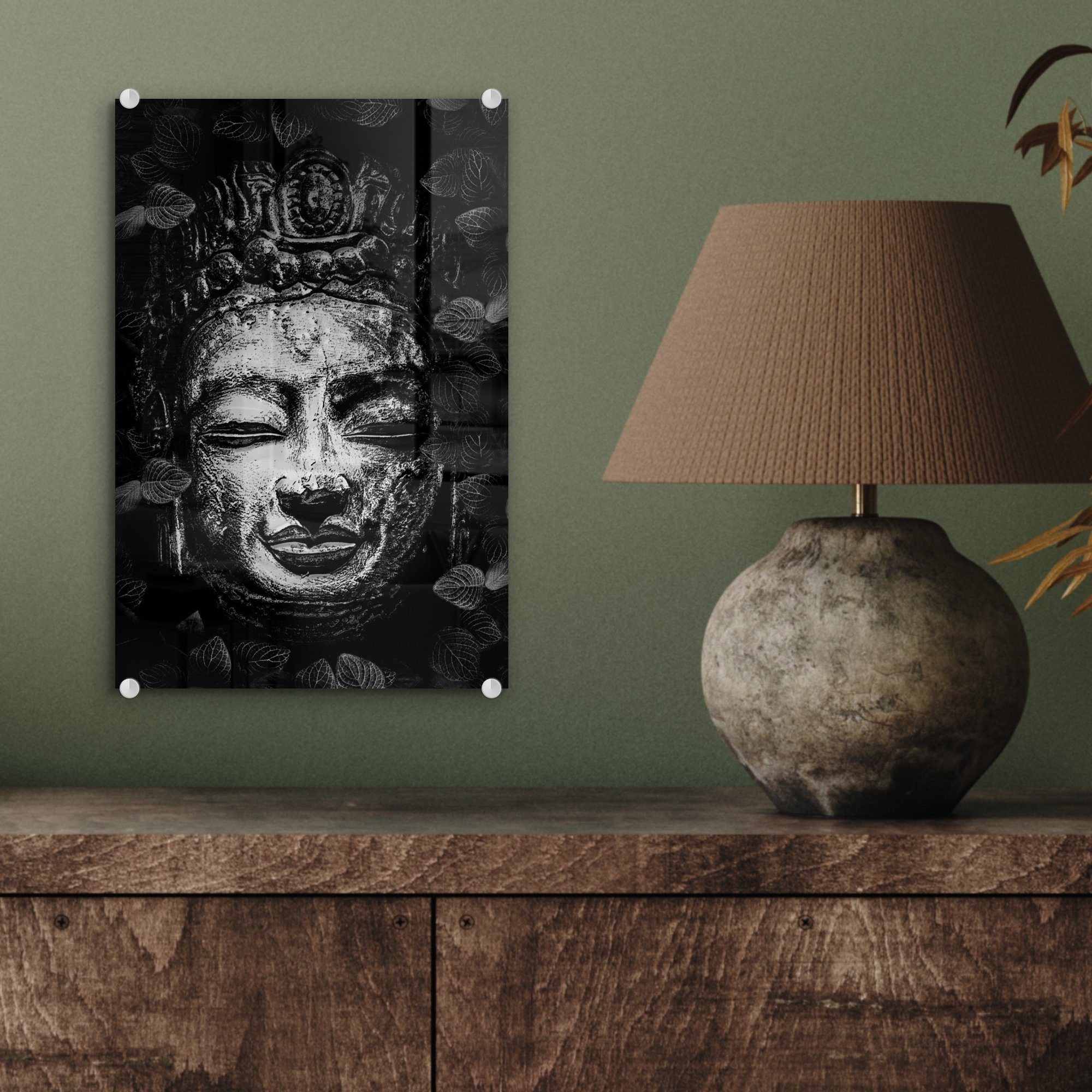 (1 Glasbilder bunt Foto Wandbild Buddhas Grober Blättern mit Bilder eines - Glas Acrylglasbild Kopf und MuchoWow St), Wanddekoration - schwarz verziert Glas - auf weiß, - auf