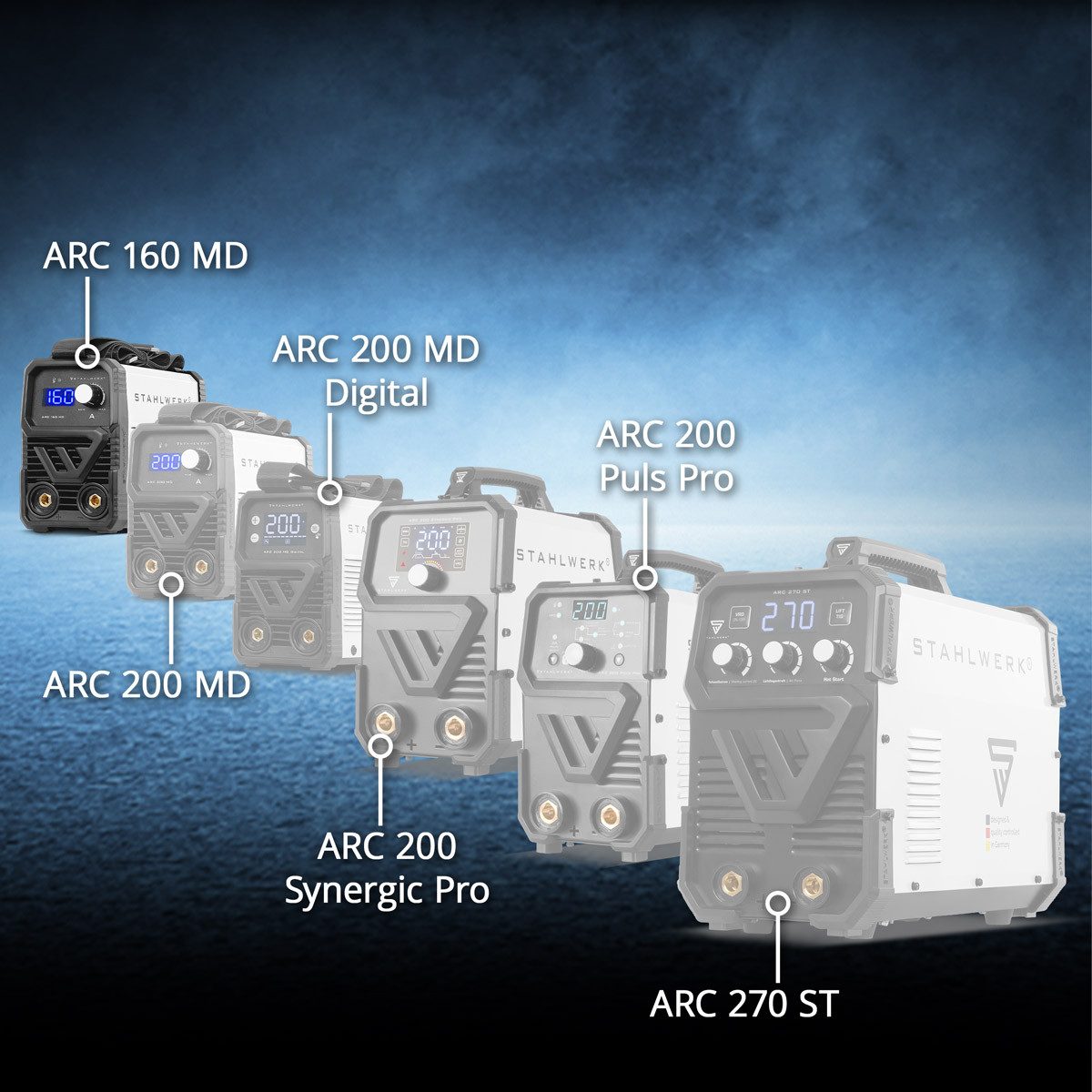 STAHLWERK Inverterschweißgerät Elektroden-Schweißgerät ARC 160 MD- DC Vollausstattung Gerätewagen, 30 - 160 A, Packung}, 6-tlg., Vollausstattung, Lift-TIG Inverter mit 160 Ampere, IGBT Technologie und Single-Board