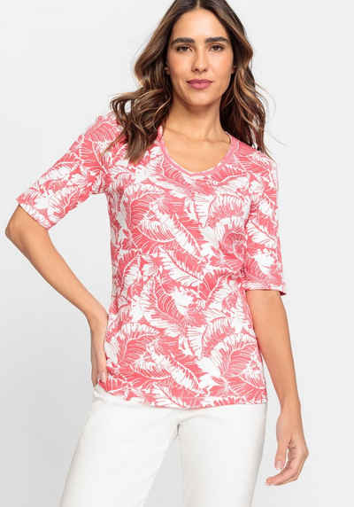 Olsen V-Shirt mit Allover-Print aus Blättern