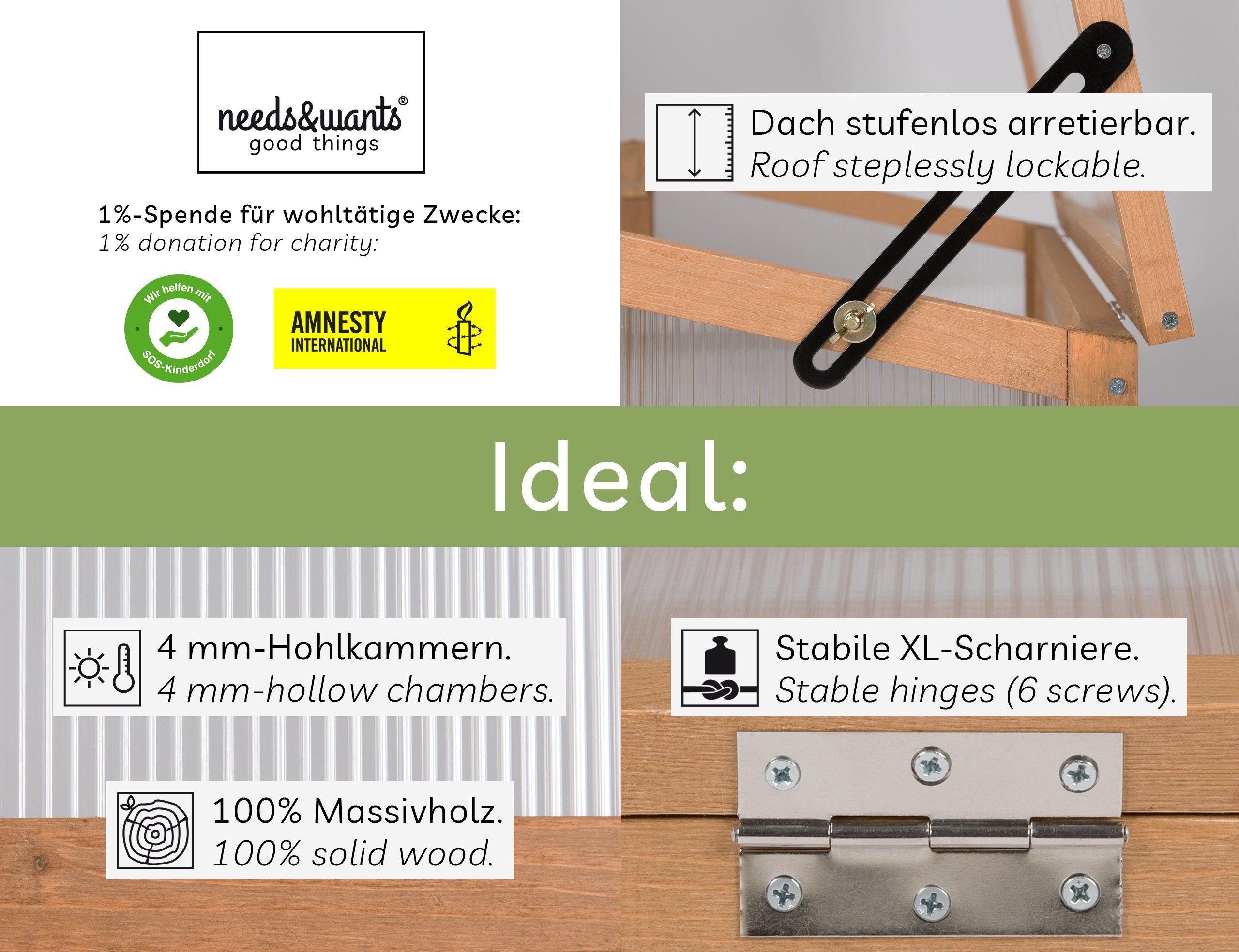needs&wants® Frühbeet Aufsatz Holz Abdeckung Frühbeetkasten Gewächshaus mit Deckel Hochbeet, Bausatz klein wetterfest für Garten Outdoor Polycarbonat Acryl niedrig