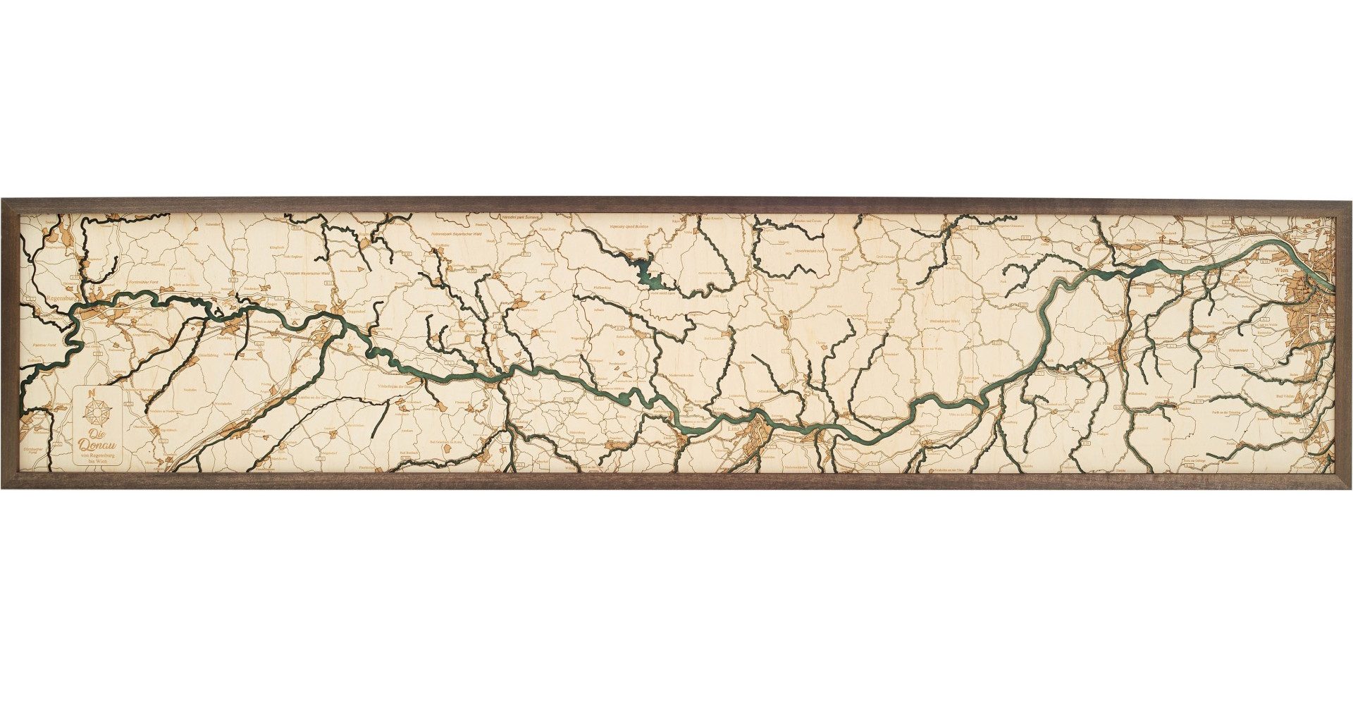 Cutting Brothers Holzbild Donau 152x30.5 cm, 3D Holz-Wandkarte, handgefertigt aus Echtholz