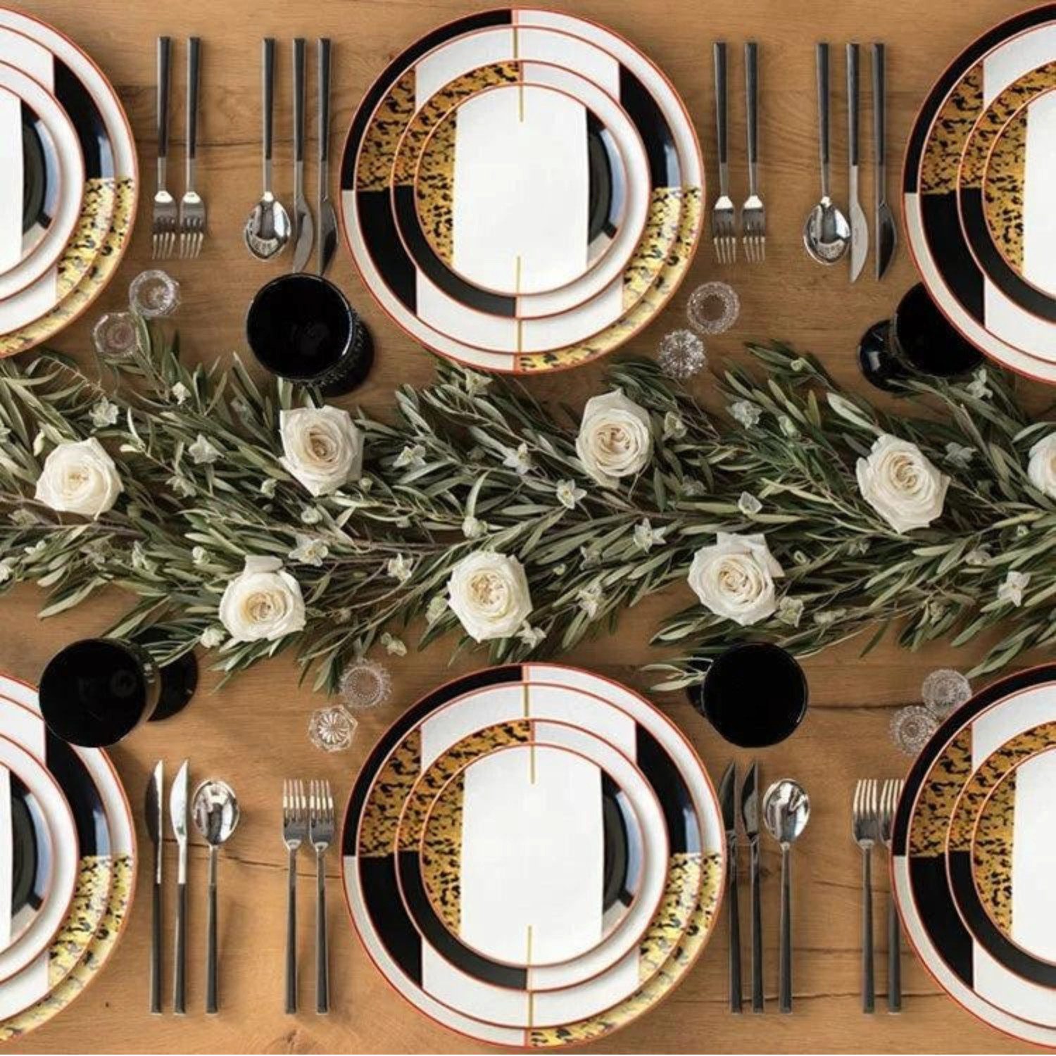 Quality Elegance Teller-Set Schwarz Gold Marmor Luxus Bone China Geschirrset (4-tlg)