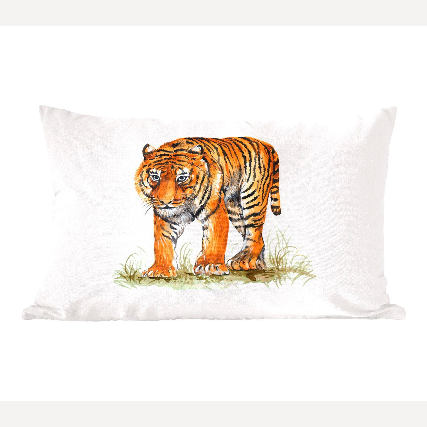 MuchoWow Dekokissen Wohzimmer Bild, Zierkissen, Schlafzimmer Füllung, Gras mit Dekokissen Dekoration, - Tiger -