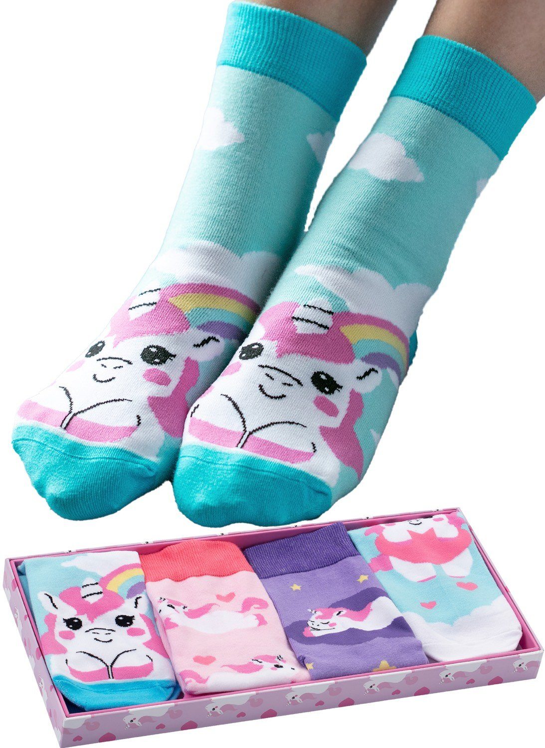 Corimori Haussocken Witzige Einhorn Baumwolle Носки 4er Set Geschenk-Box Unicorn Anime (Packung, 4-Paar) Einheitsgröße 36-44, Kawaii Strümpfe, plastikfreie Geschenkverpackung