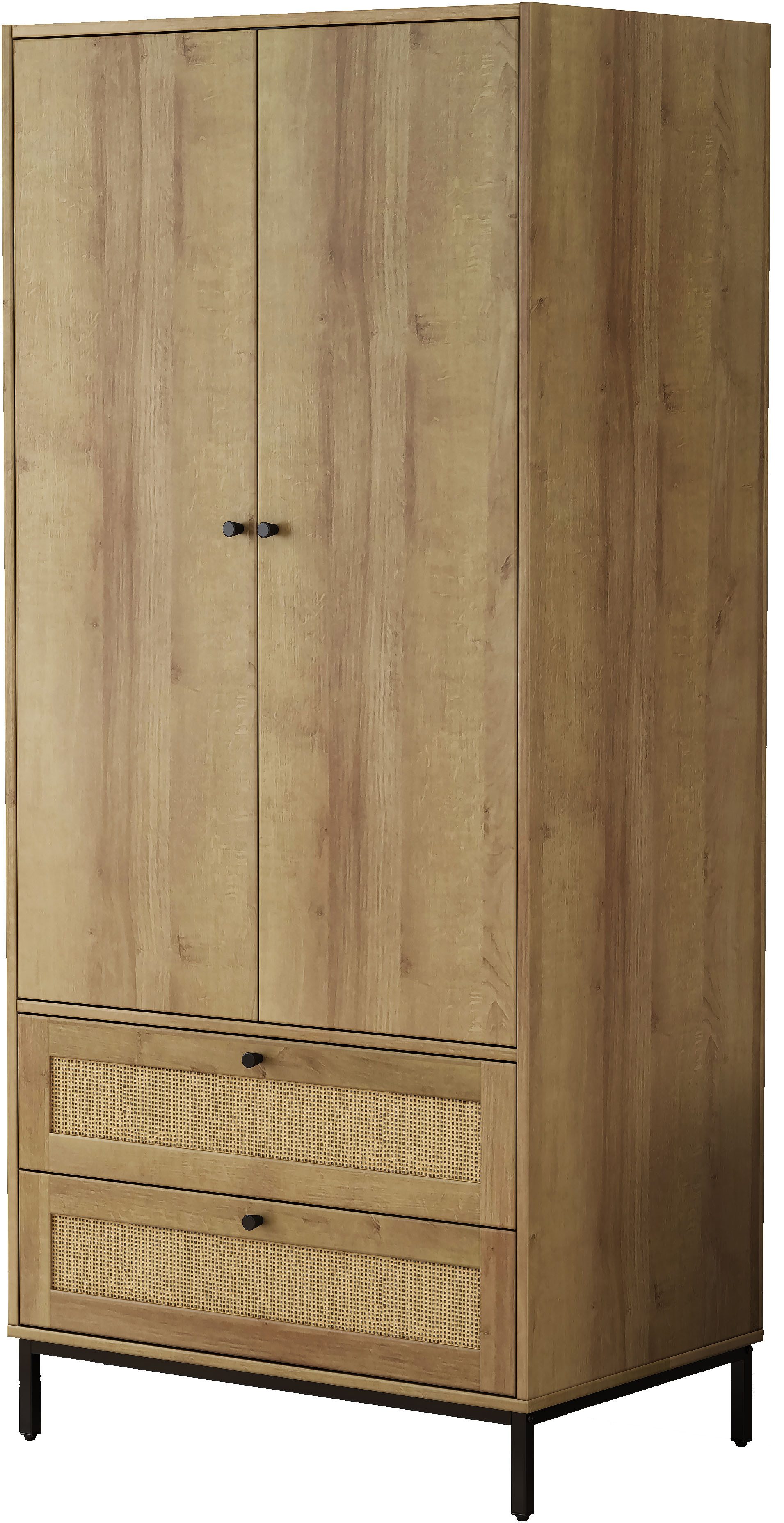 OTTO home Kleiderschrank Motala Schlafzimmerschrank Garderobe Boho Eichen-Design (Moderne schwarze Griffe, Schublade mit Geflecht) Schlafzimmerschrank mit 2 Türen und 2 Schubladen