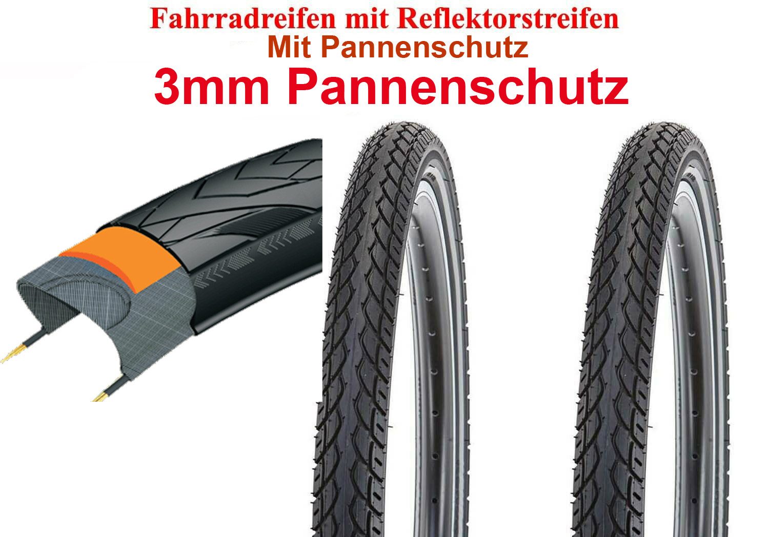 LUCHS Fahrradreifen 2 Stück Pannenschutz Reifen 3,5mm Pannengel (28 x 1.75) 47-622, inkl. 2 Schläuche mit Autoventil (geeignet für E-Bike)