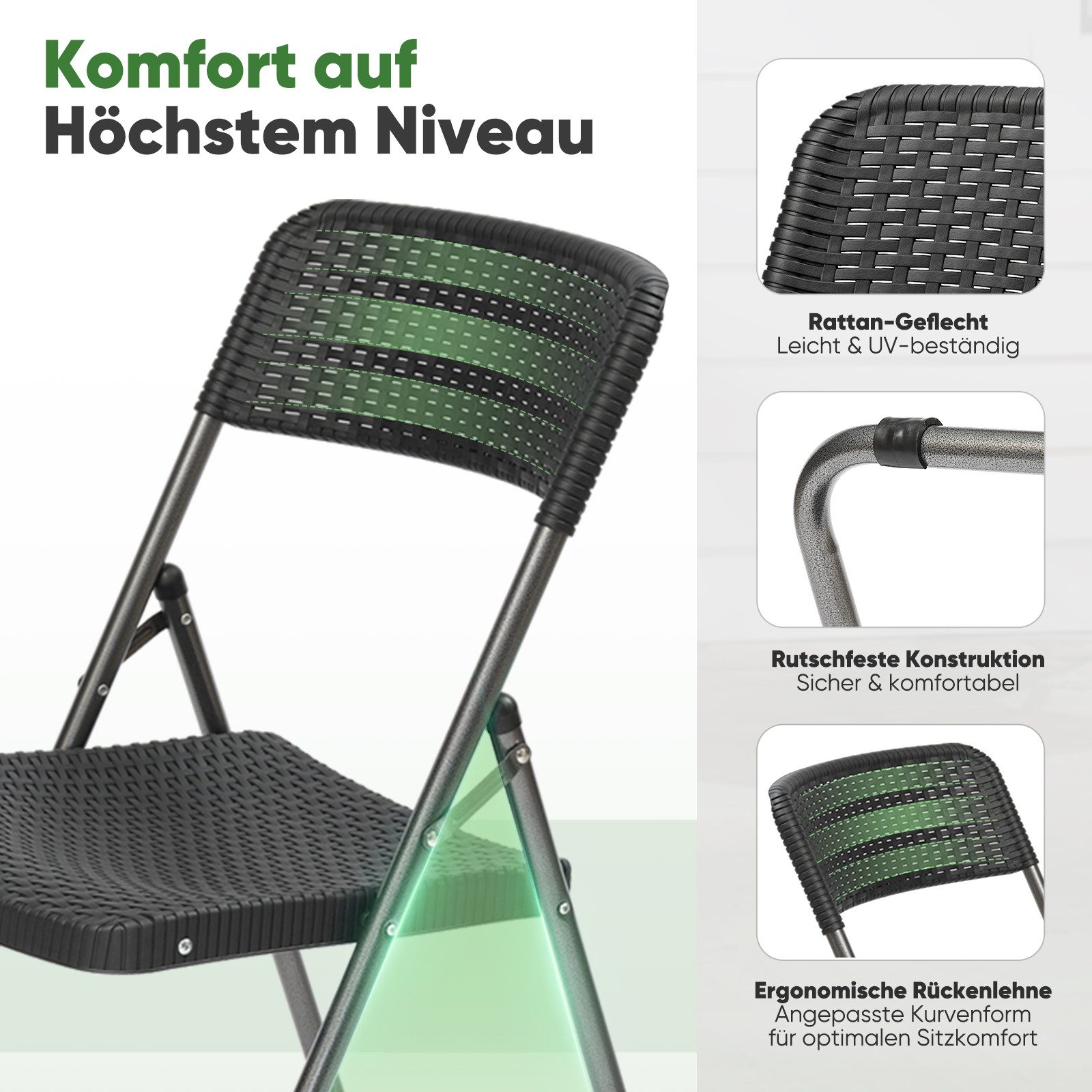 Sekey Klappstuhl Gartenstuhl Klappbar Klappstuhl Polyrattan Campingstuhl Wasserdicht (Set, 6 St), Legierter Stahl, bis 200 kg Belastbar, Schwarz – Bild 4 von 5