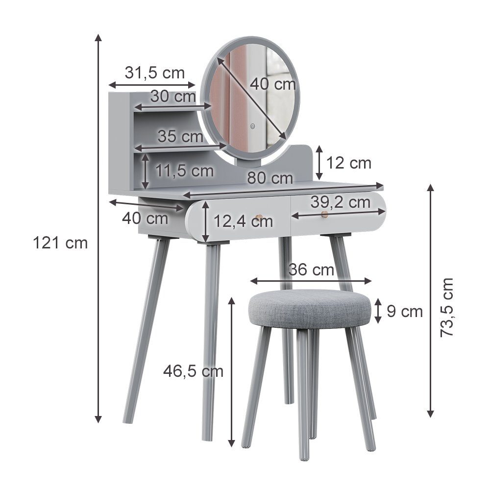 Vicco Schminktisch Edda, Grau, 80 cm mit LED Beleuchtung und Hocker (2-St)