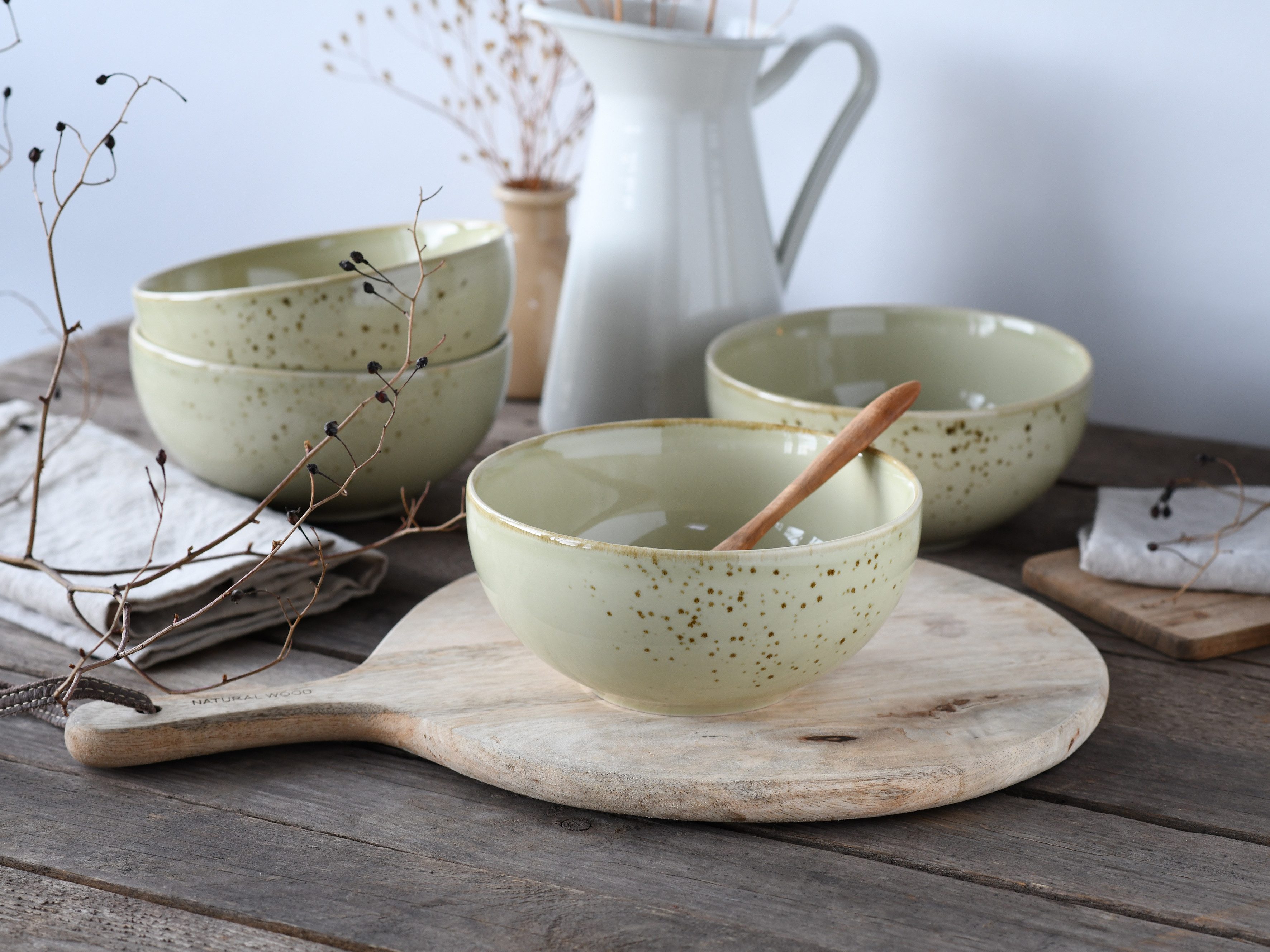 CreaTable Schale Nature Collection, Buddha Bowl 4-tlg, Steinzeug, (Set, 4-tlg), Handwerklicher Look, Vintage, Höhe 7,5 cm