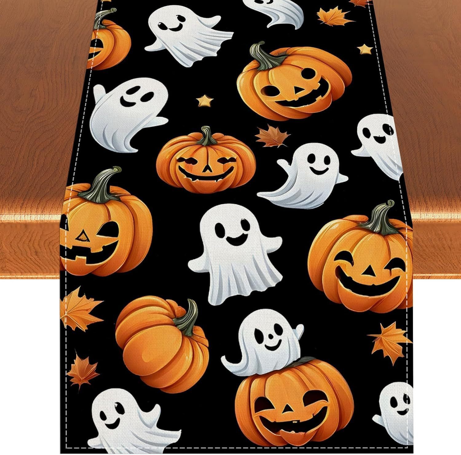 Bomiclss Tischläufer Halloween Tischläufer Leinen,Geister-Kürbis-Tischläufer, 33 × 183 cm, Tischdekoration für Zuhause, Küche, Esszimmer, Dinner, Innenbereich