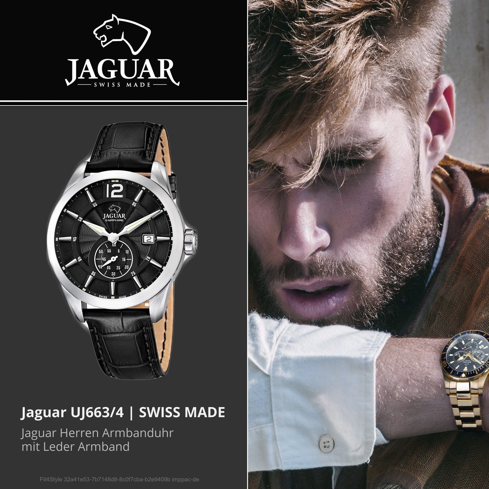 JAGUAR Quarzuhr Jaguar Herren Uhr Elegant Lederarmband Armbanduhr schwarz, Quarz J663/4, Herren rund, Elegant