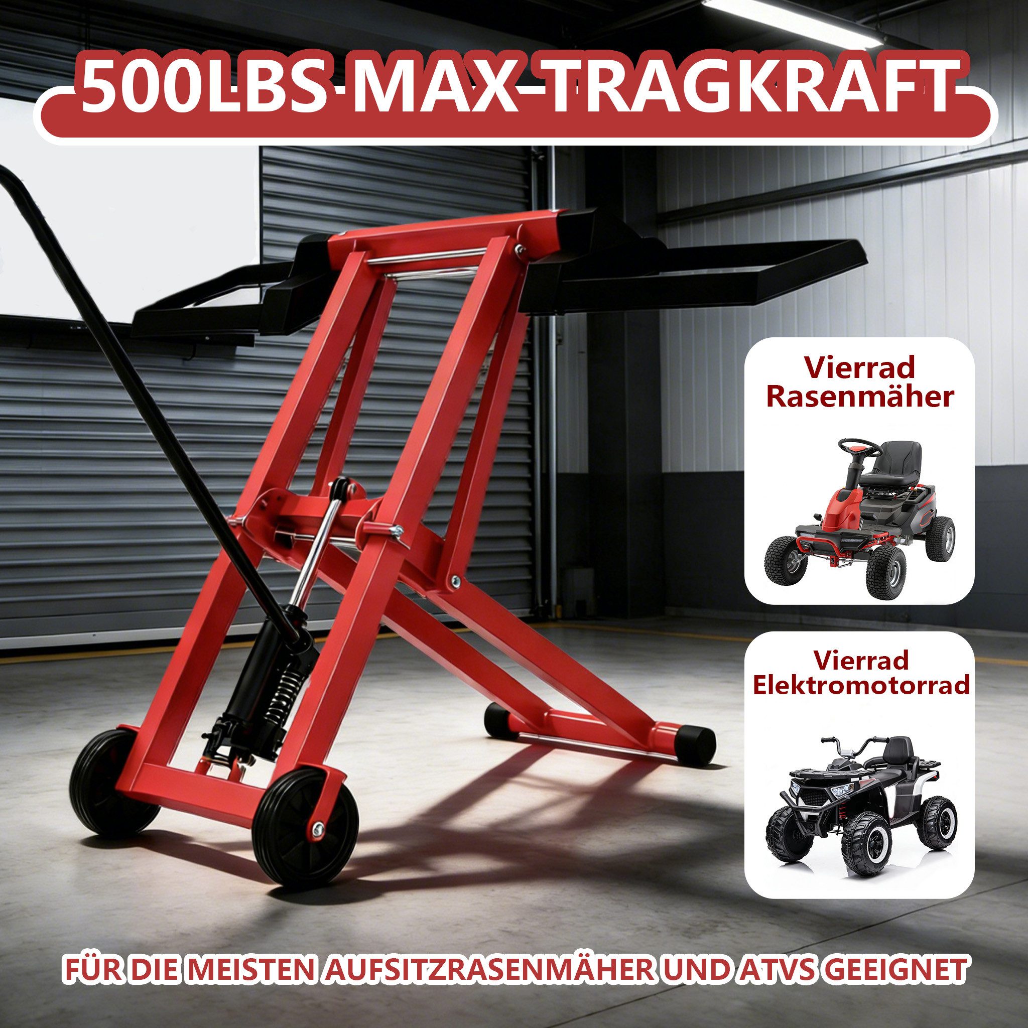 FIVMEN Rasentraktor 3-Fach Höhenverstellbar Hebebühne mit hydraulischem Wagenheber, Rahmen aus Stahl mit PVC-Räder 12 cm, 227 kg Tragkraft, Schwarz/Rot – Bild 3 von 5