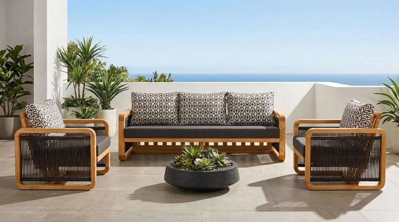 JVmoebel 3-Sitzer Gartenlounge Set 3-Sitzer Sofa Sessel Schwarz Kissen Modern, 3 Teile, Gemusterte Kissen