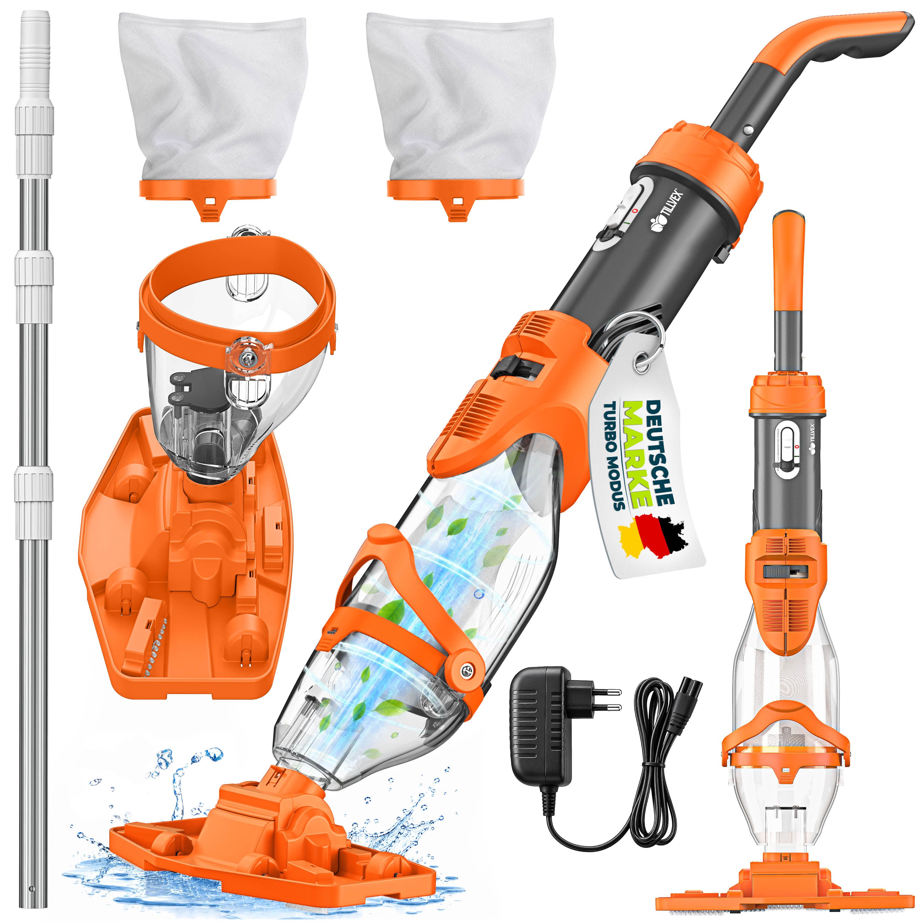 tillvex Poolbodensauger Poolsauger mit Akku & Teleskopstange + Ersatzfilter bis zu 15 m³, (Set, Pool Bodensauger elektrisch Poolreiniger mit Filter & 60 min Laufzeit), Handsauger Reinigungsset kabellos