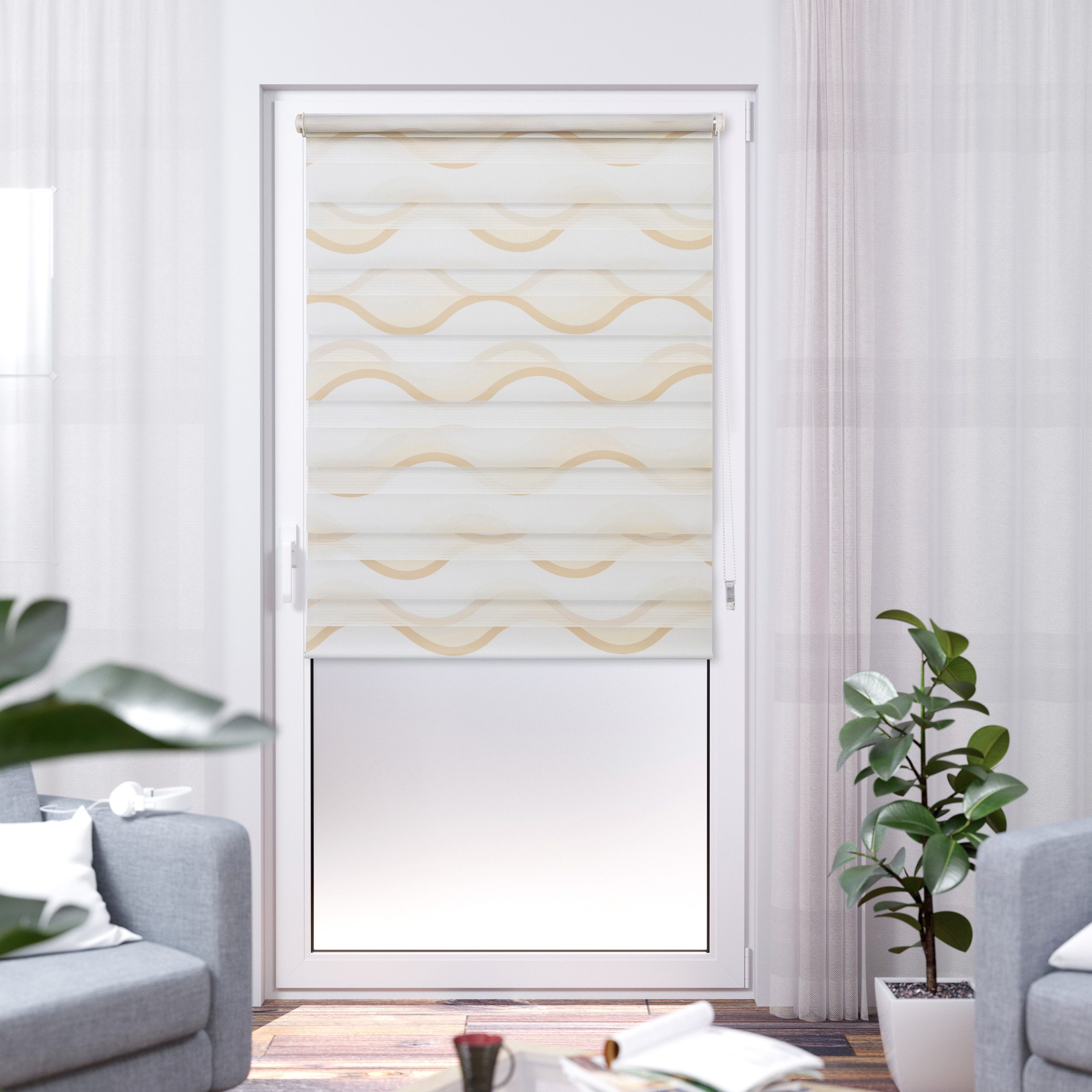 Doppelrollo Wellen Design, K-HOME, Lichtschutz, ohne Bohren, freihängend, Klemmfix, Bedruckt mit Muster