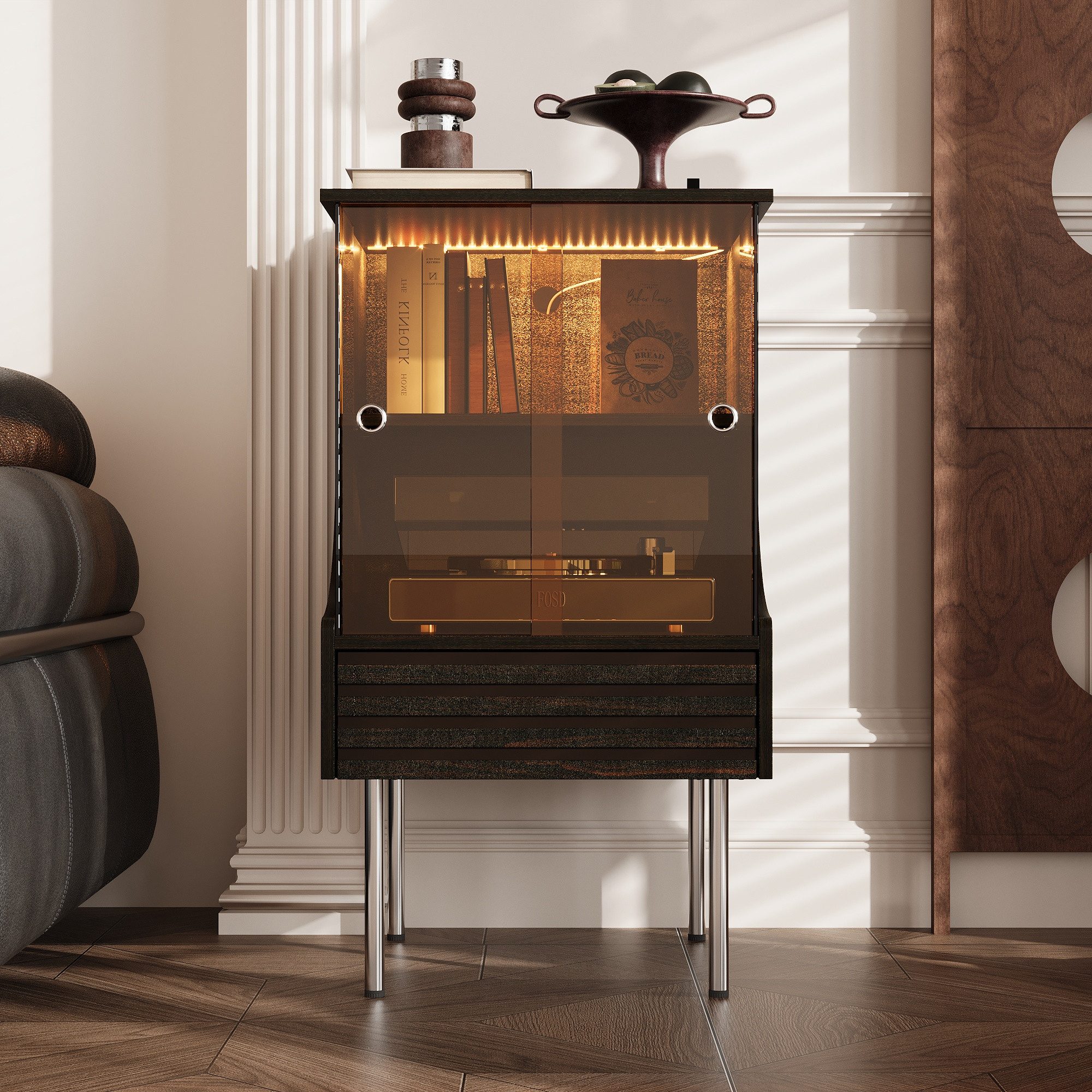 FUFU&GAGA Sideboard Schallplattenschrank mit Glas-Schiebetüren,Walnussoptik günstig online kaufen