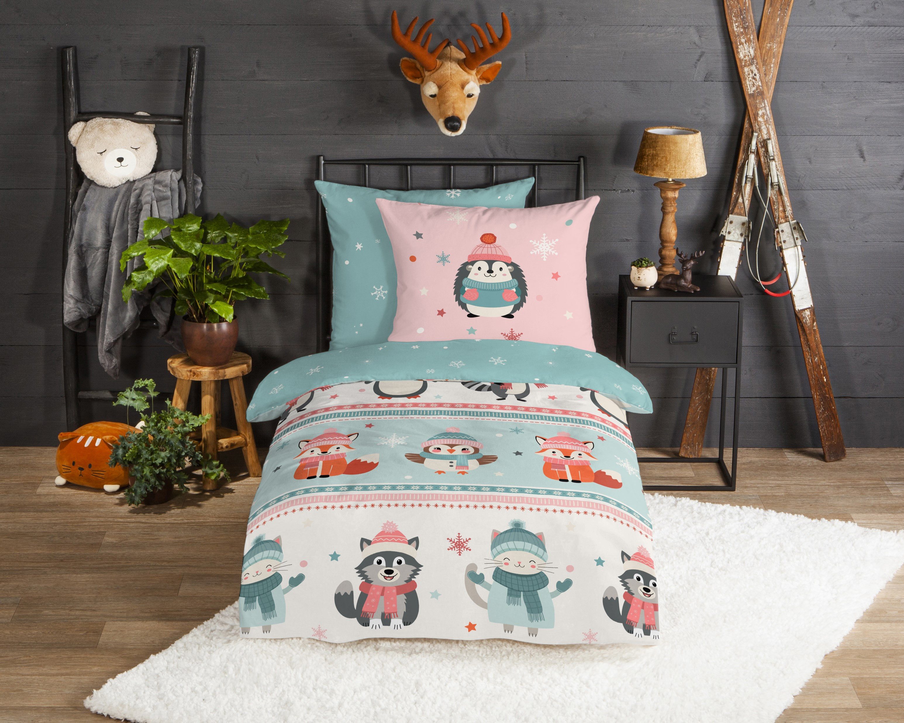 good morning Kinderbettwäsche Turr, Biber, Flanell, 2 teilig, Flanell Biber, 135x200, Warm, Reißverschluss, Wende, Kind, Winter
