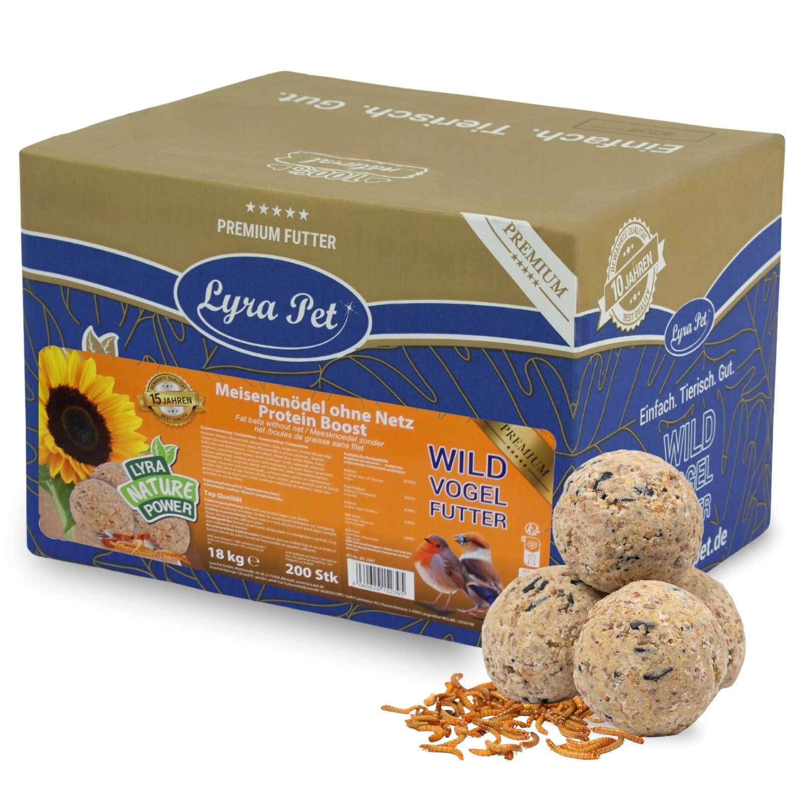 Lyra Pet 200 Stk. Lyra Pet® Meisenknödel Protein Boost Mehlwürmer ohne Netz Vogelfutter, für: Wildvogel