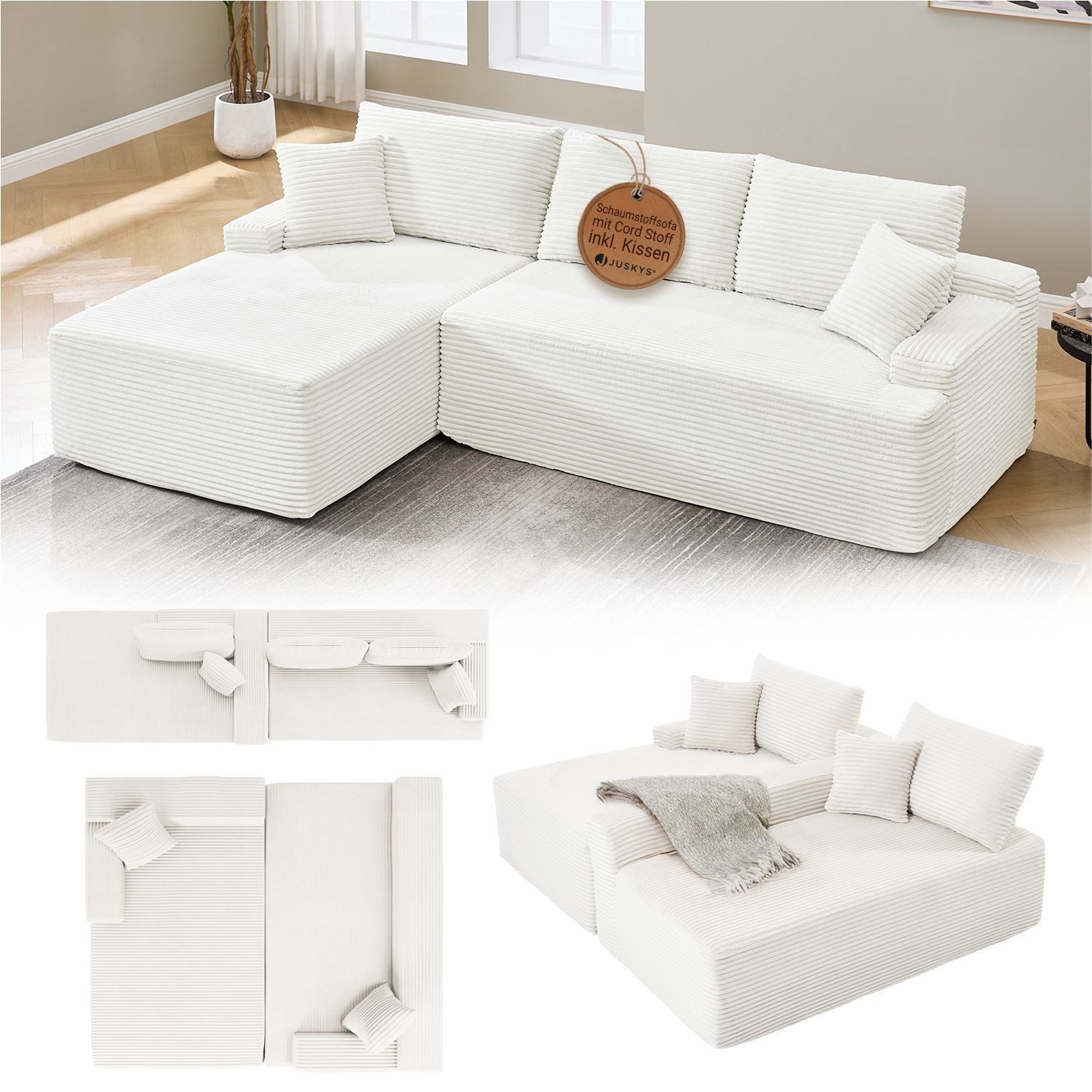 Juskys Ecksofa Coredo, Ecksofa, mit Rücken- & Dekokissen, Cordbezug, Modular platzierbar