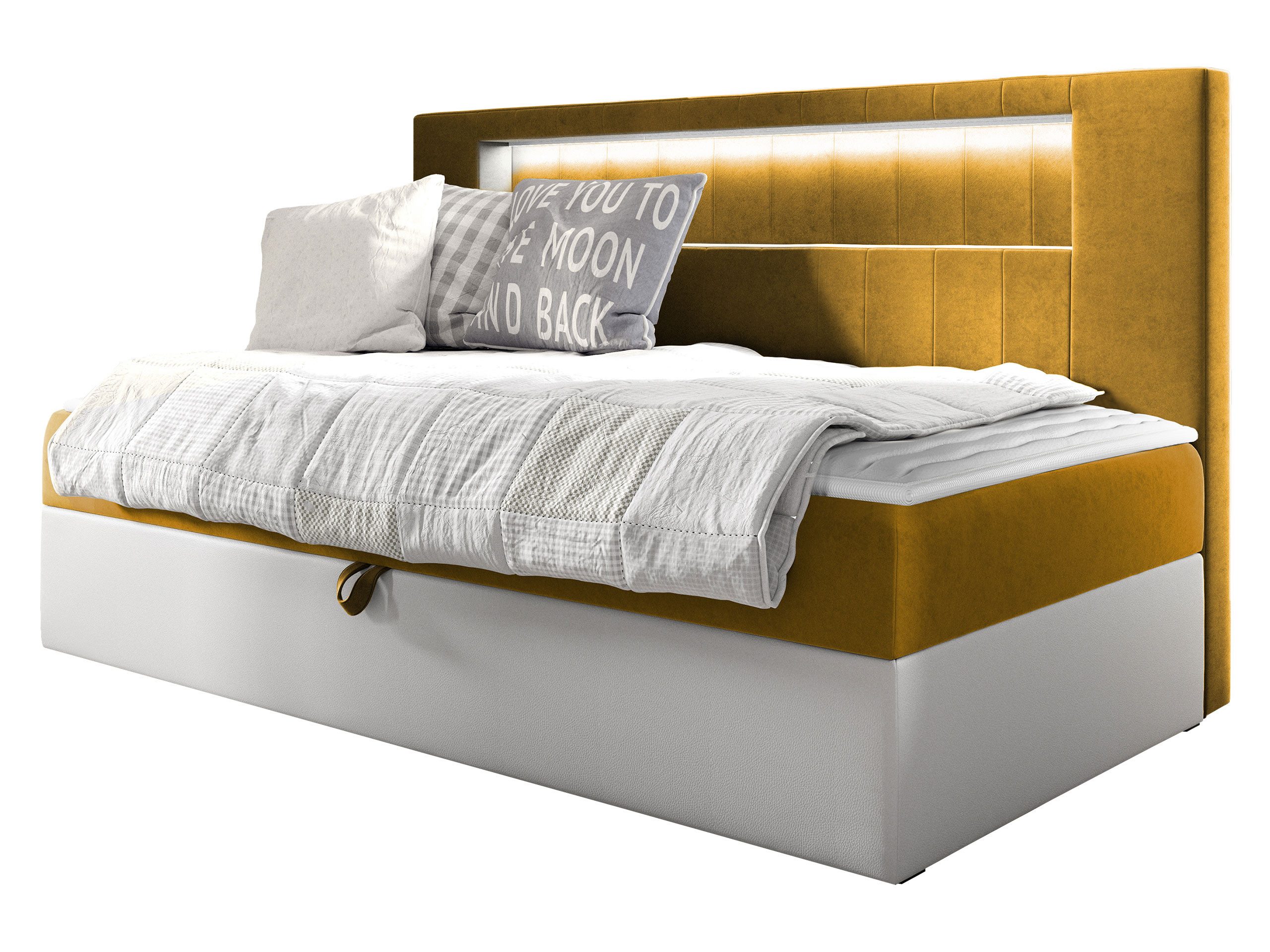 MIRJAN24 Boxspringbett Gold Junior 2 (mit Bettkasten und Beleuchtung), mit Bonellfederkern, Härtegrad - H3