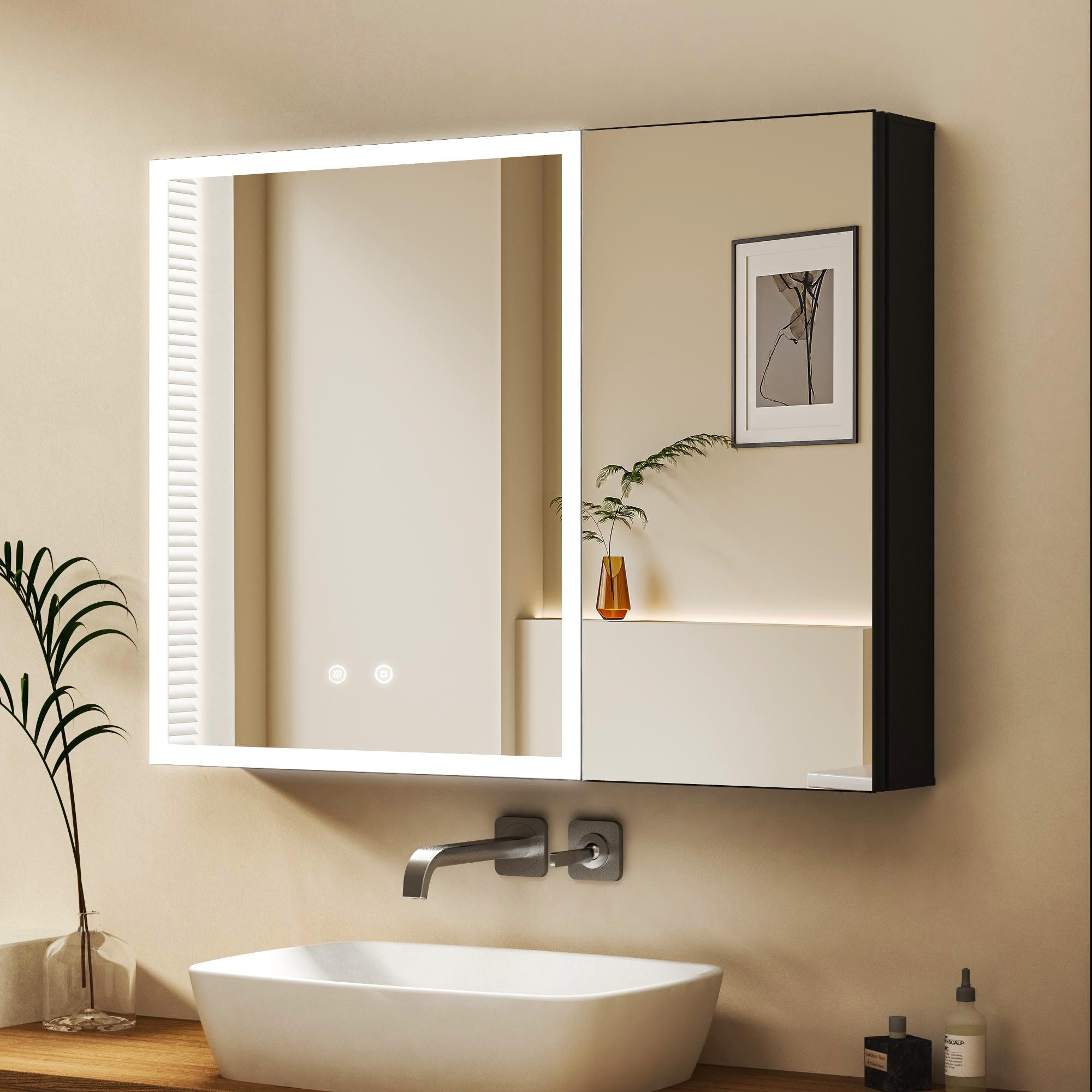 WDWRITTI Badezimmerspiegelschrank mit Beleuchtung 80 x 60 cm, Spiegelschrank Schwarz mit touch, 2 türen (Alu Schrank, Doppelseitiger Spiegel, 3Lichtmodi, Dimmbar, Anti-fog, Memory) mit Netzadapter, Verstellbare Glasböden