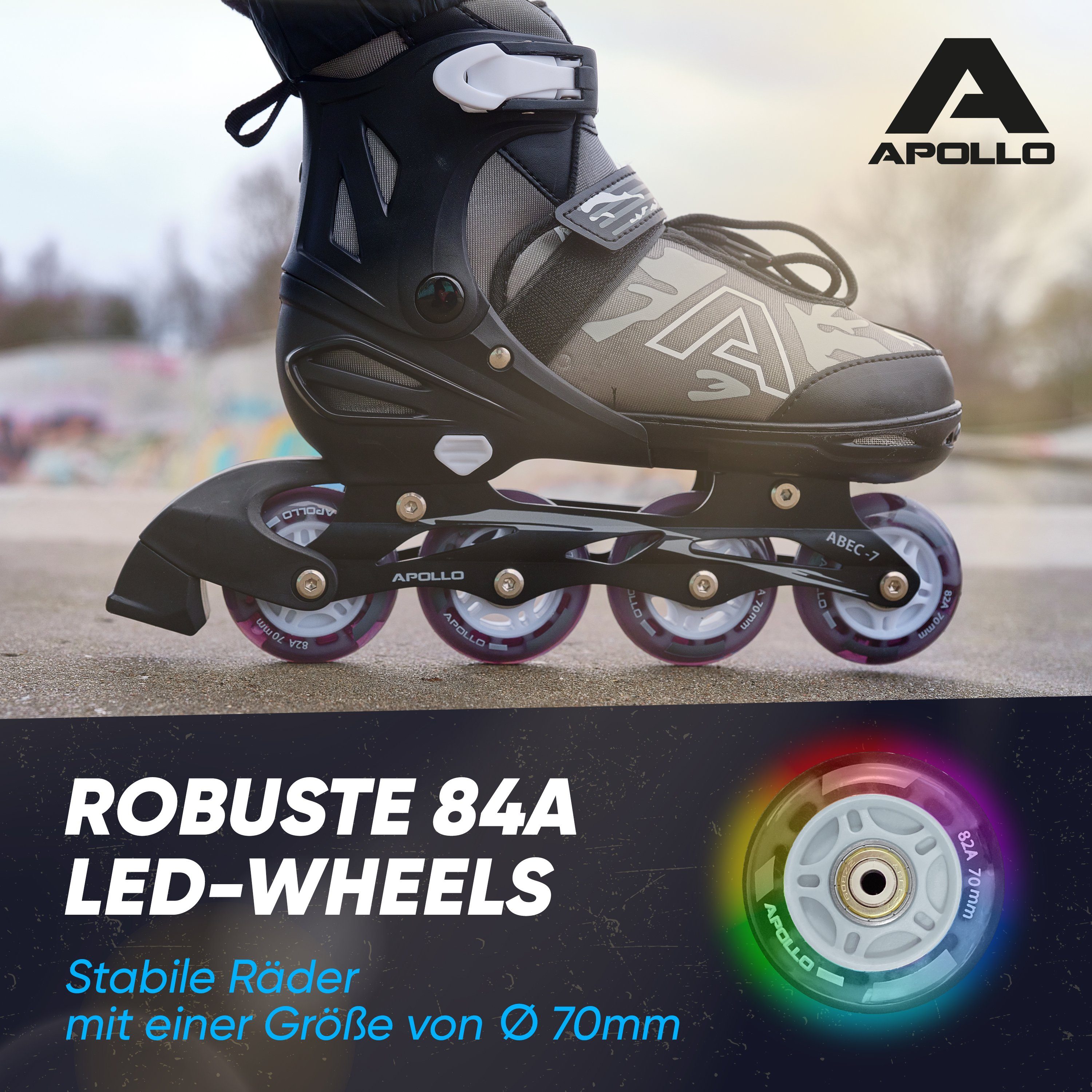 Apollo Inlineskates Champion Verstellbare Inlineskates für Kinder und Erwachsene, Größe 31-42, mit LED Rollen