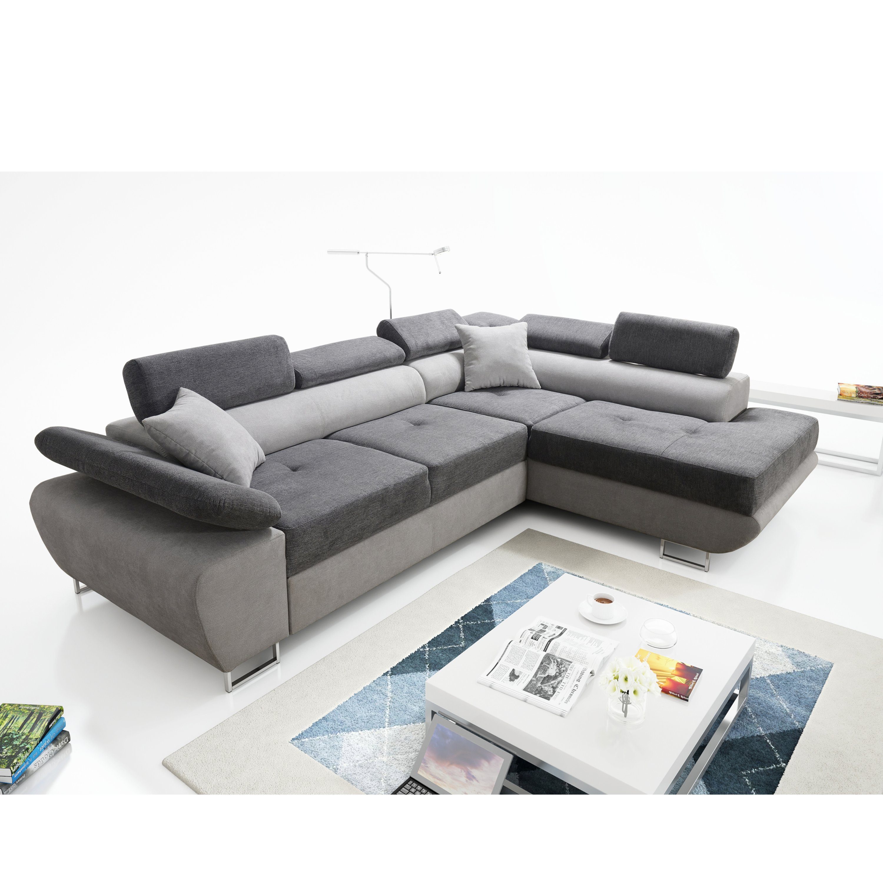 SILVER+ANTHRACITE Schlaffunktion Ecksofa Wenus Premium robin Kopfstützen Verstellbare Bettkasten Sofa