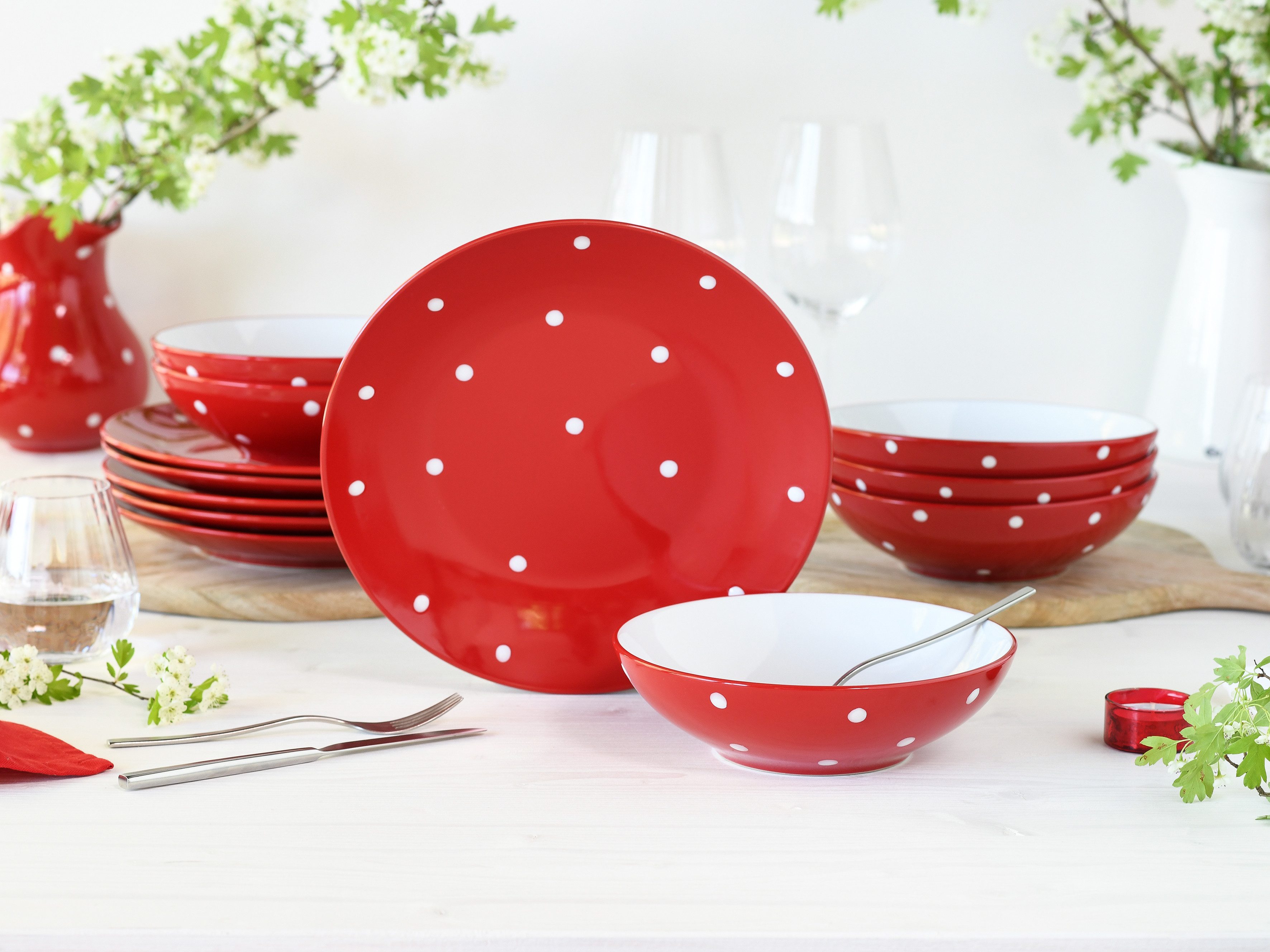 CreaTable Tafelservice Polka Dots, Service 12-tlg. (12-tlg), 6 Personen, Steinzeug, Teller Set, Fröhliche Farbgebung, Polka Dots