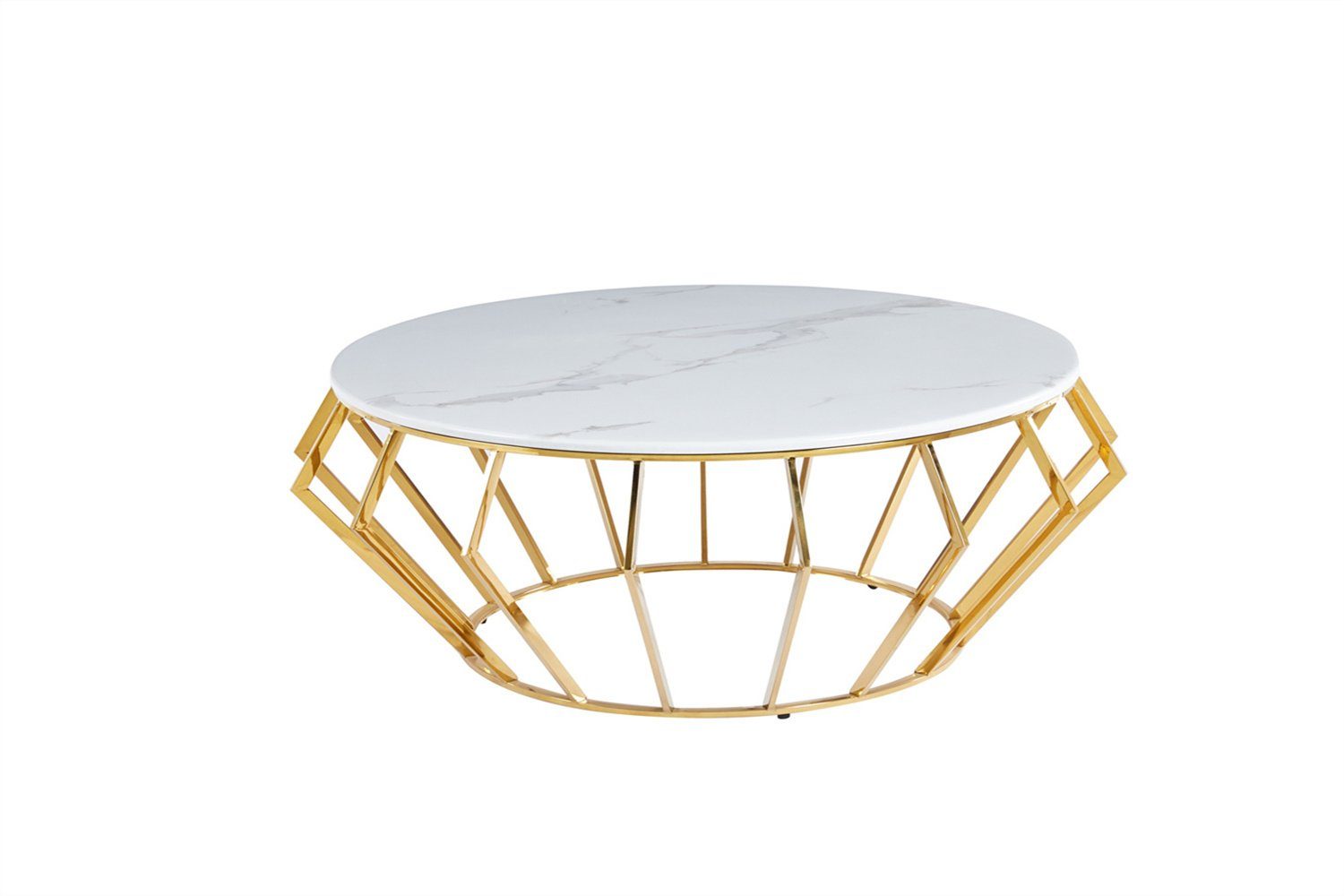 König der Möbel Couchtisch Tisch m. Gitter Metallgestell Gold (Tischplatte aus Hochwertigen Echt Marmor), Runder Sofa Beistelltisch Marmoroptik Weiß
