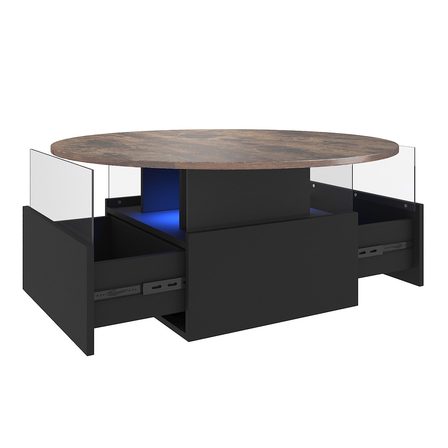 radelldar Couchtisch mit LED-Beleuchtung und 2 Schubladen, Wohnzimmertisch 80x40cm (1-St), Beistelltisch mit runder Platte und extra Ausstellungsfläche