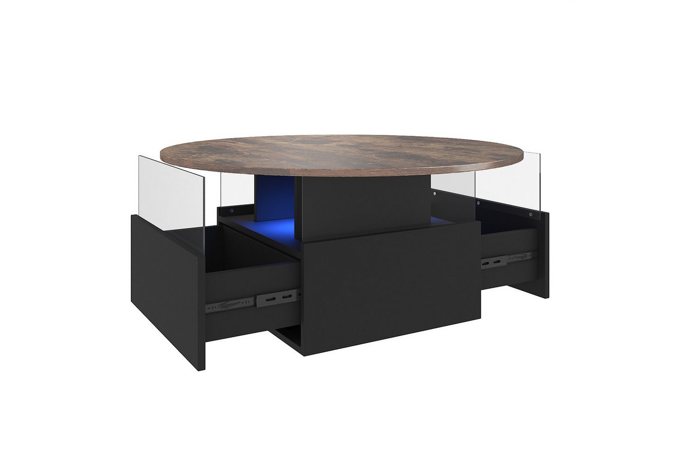 radelldar Couchtisch mit LED-Beleuchtung und 2 Schubladen, Wohnzimmertisch 80x40cm (1-St), Beistelltisch mit runder Platte und extra Ausstellungsfläche