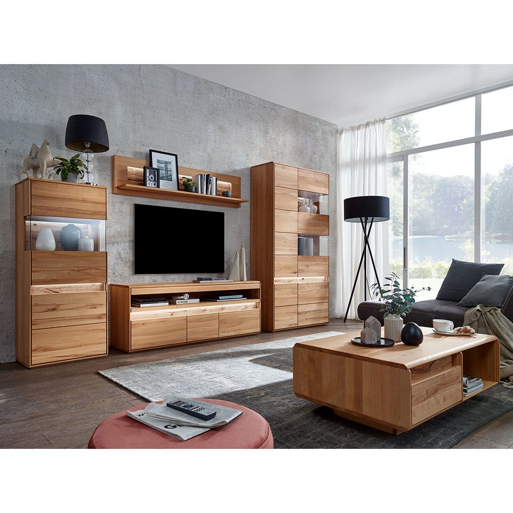 Lomadox Wohnzimmer-Set WELLAND-69, (Mega-Spar-Set, 5-St., Couchtisch Highboard Lowboard Vitrine Wandregal), in Kernbuche massiv geölt inkl. Beleuchtung, montiert