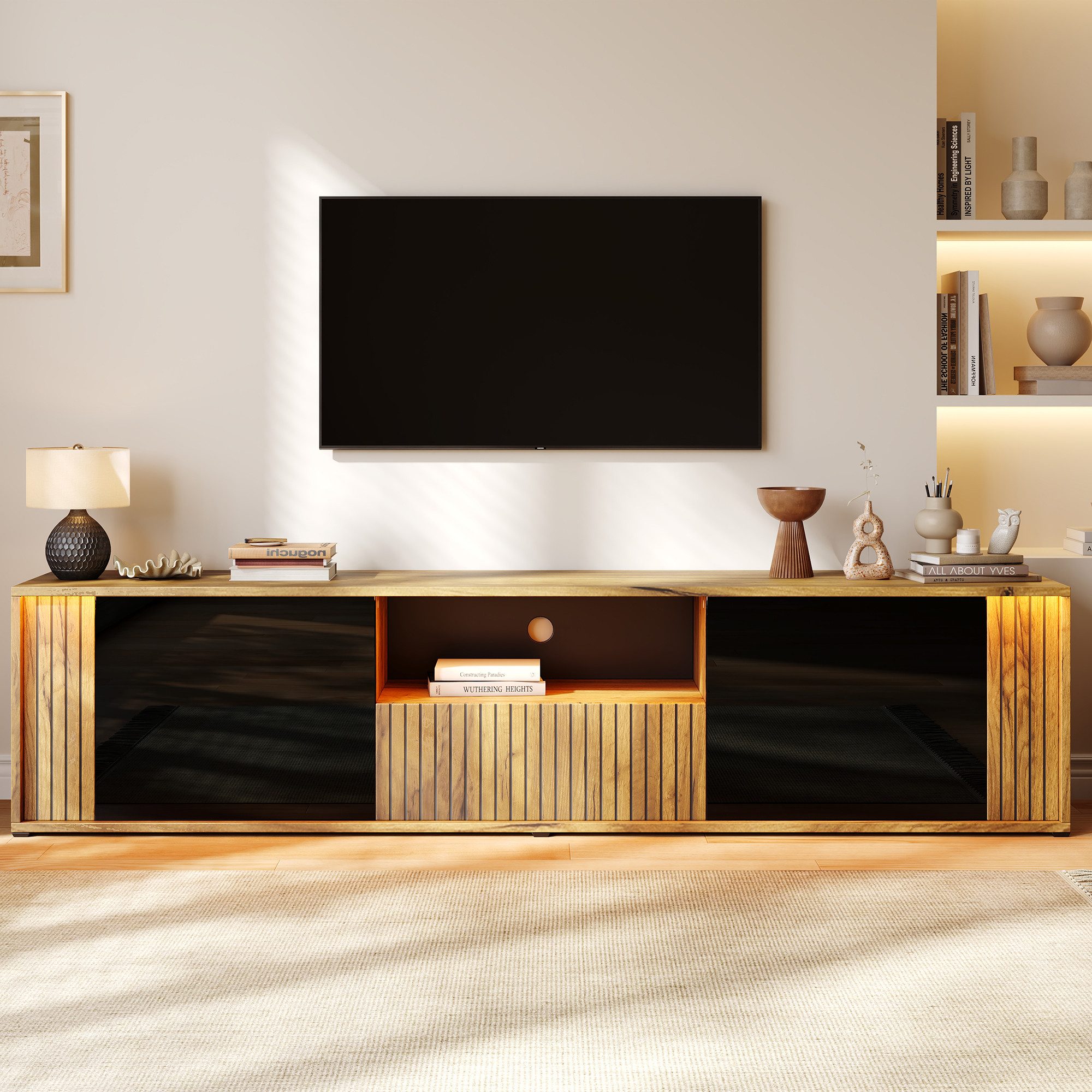 Merax Lowboard mit LED-Beleuchtung, Fernsehtisch mit Holzoptik (180 L x 40 B x 51 H cm, 1 St), TV-Schrank mit 2 Türen, 1 Schublade, offenen Ablage & Kabelmanagement