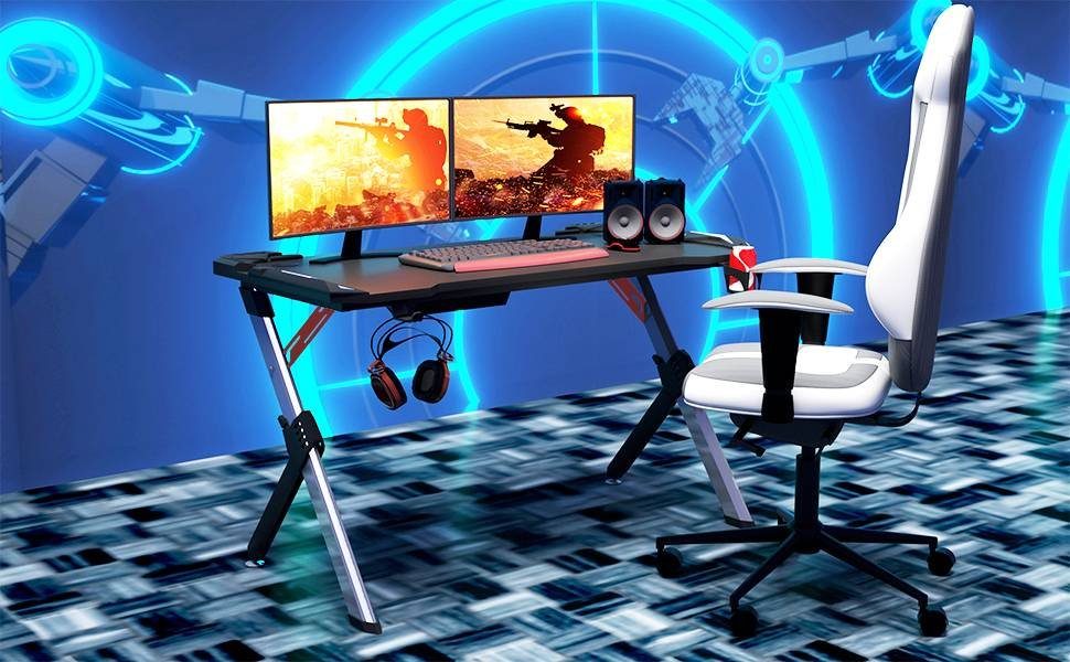 (1-St), Woltu mit Beleuchtung Gamingtisch Ergonomisch Kabelbox, LED RGB Schwarz mit