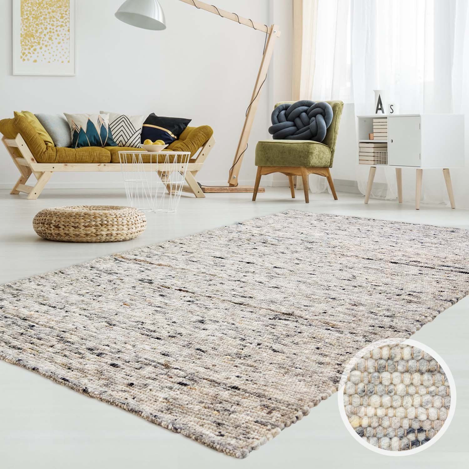 Wollteppich TaraCarpet Lambrecht, TaraCarpet, rechteckig, Höhe: 13 mm,  Hand-Web-Teppich grau gewalkt Wohnzimmer Esszimmer 060x090 cm