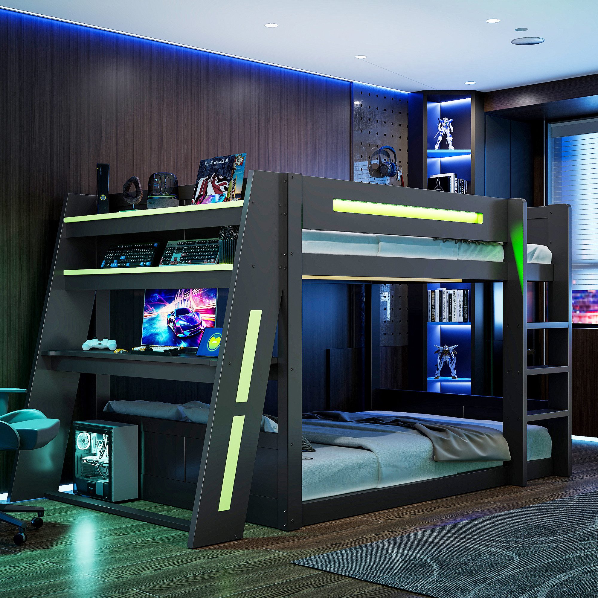 Merax Etagenbett 140x200cm mit LED und USB (Hochbett Jugendbett Stockbett Gaming Bett, 1-St), Holz Kinderbett mit Arbeitsbereich, Leiter, Ablagefächern & Stauraum