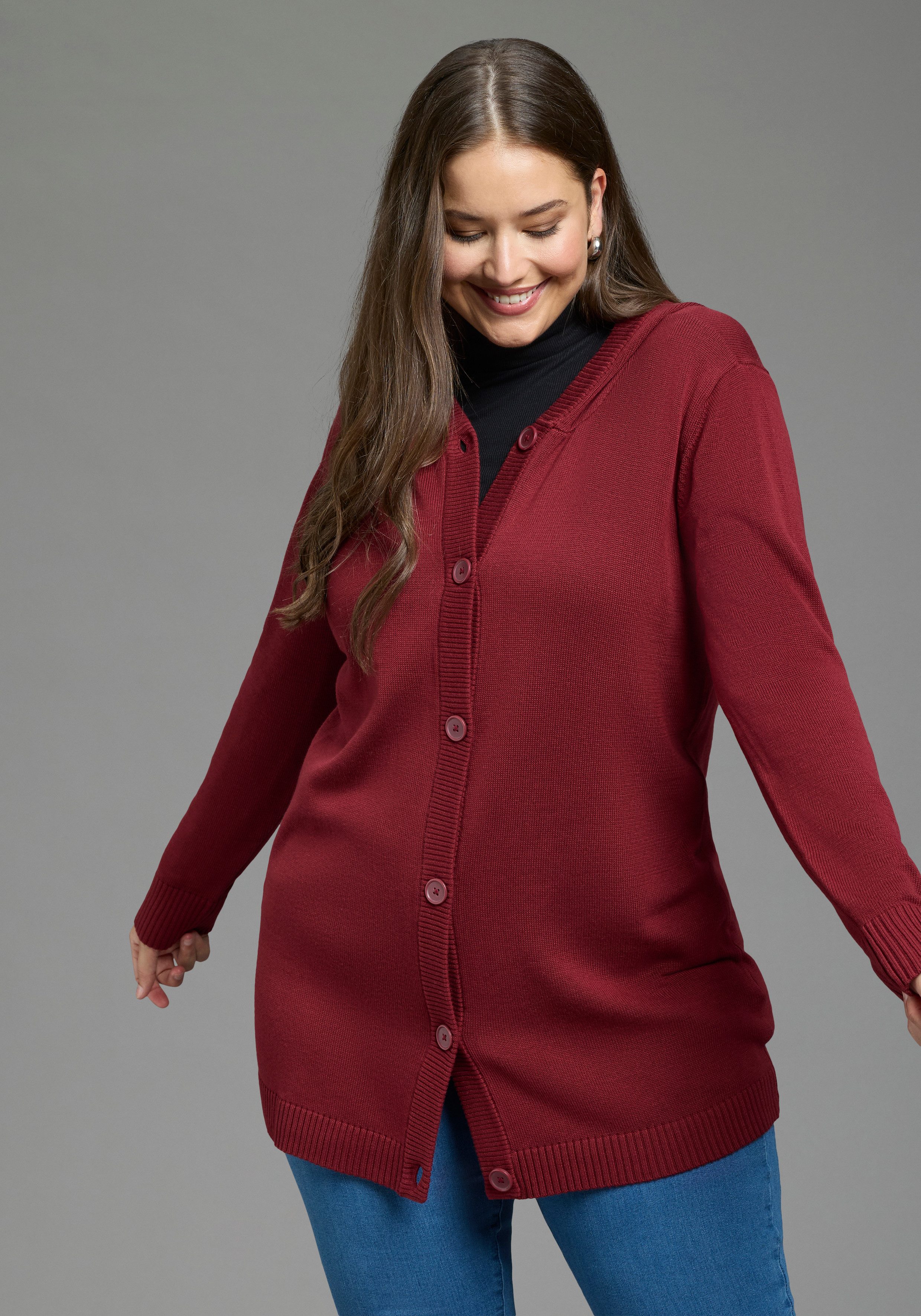 Laura Scott CURVE Kapuzenstrickjacke Große Größen mit langem Schnitt, figurumspielende Passform, Kapuze