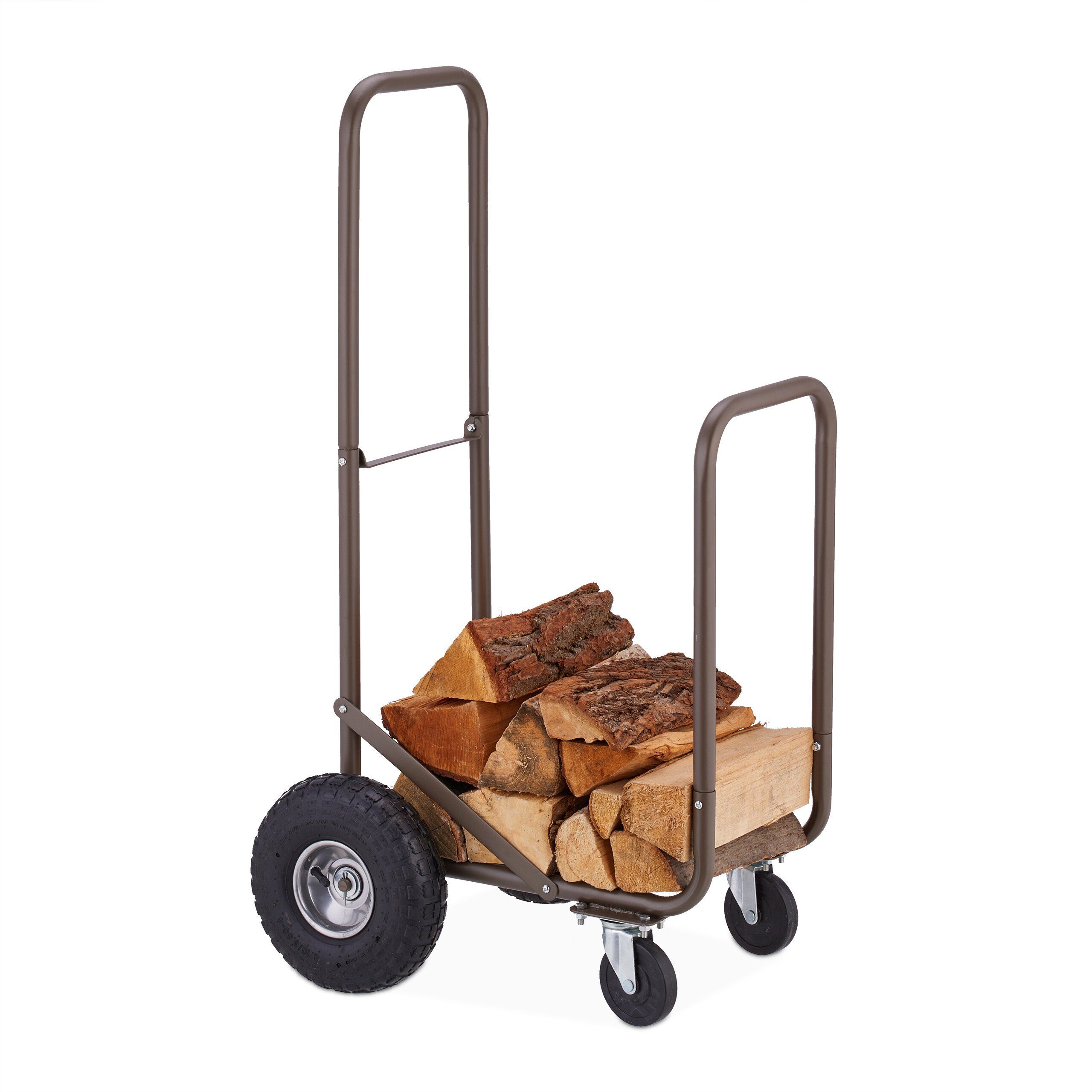 relaxdays Kaminholzregal Brauner Kaminholzwagen mit Luftreifen, BxTxH:52x56x108 cm