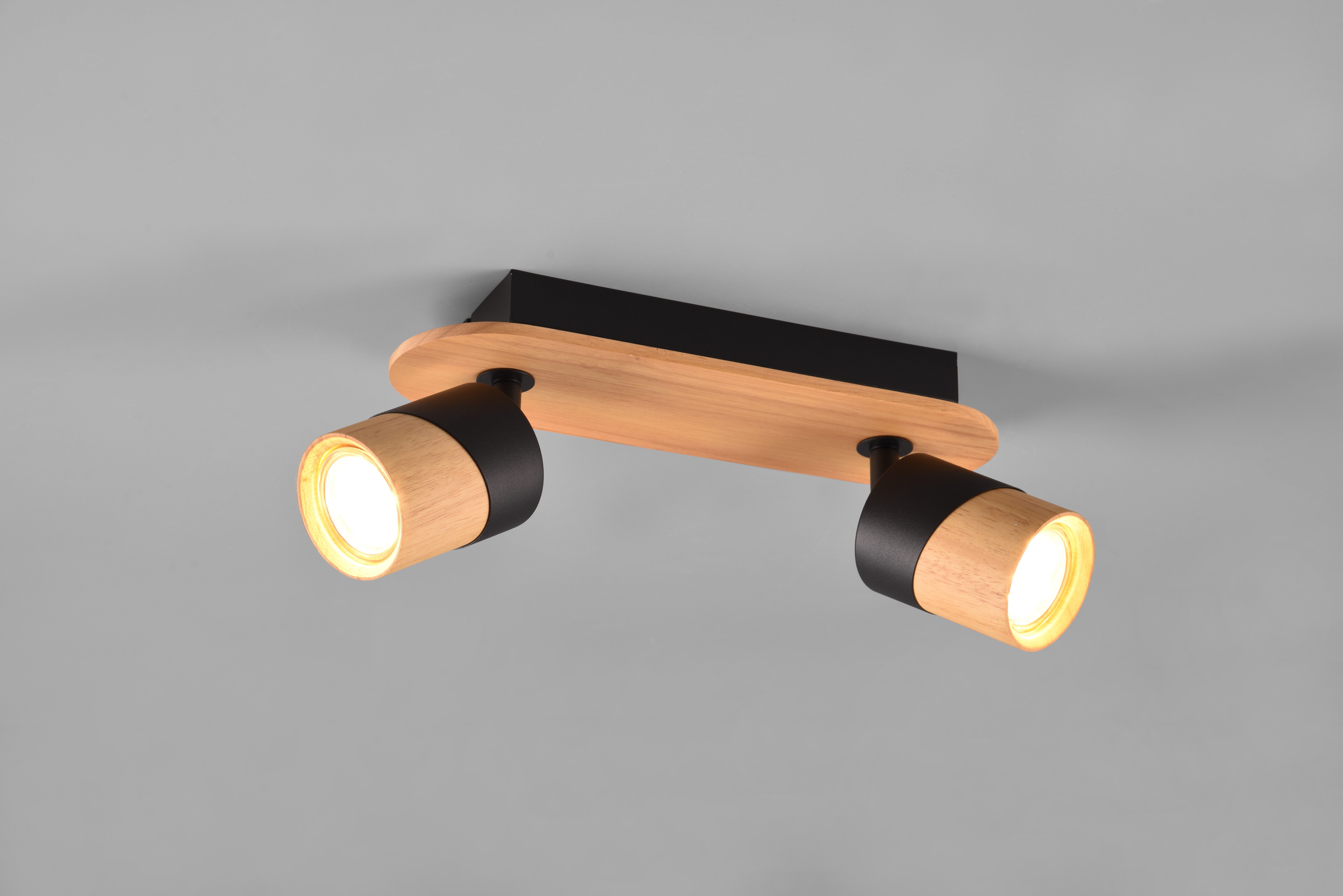 TRIO Leuchten Deckenstrahler ARUNI, Spot 2-flammig Wandspot Deckenspot exkl 2x GU10 max 10W, Leuchtmittel wechselbar, warmweiß - kaltweiß, Deckenstrahler mit Materialmix Holz / Metall für Küche Flur Wohnzimmer