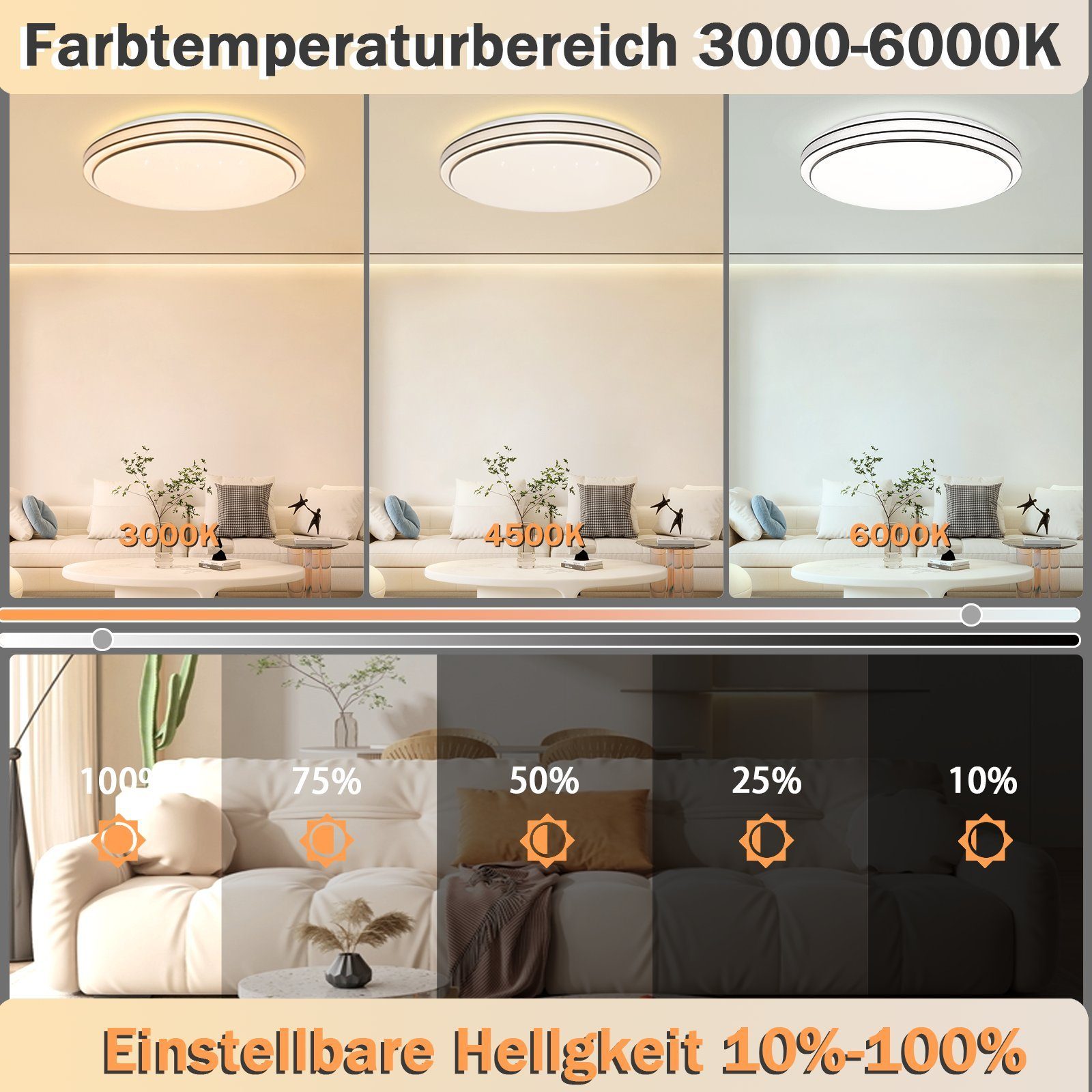 3000-6000k, Sternenhimmel LED Wohnzimmerlampe Wohnzimmer fest integriert, Deckenleuchte ZMH Ø40cm - 44w, schwarz Dimmbar, LED