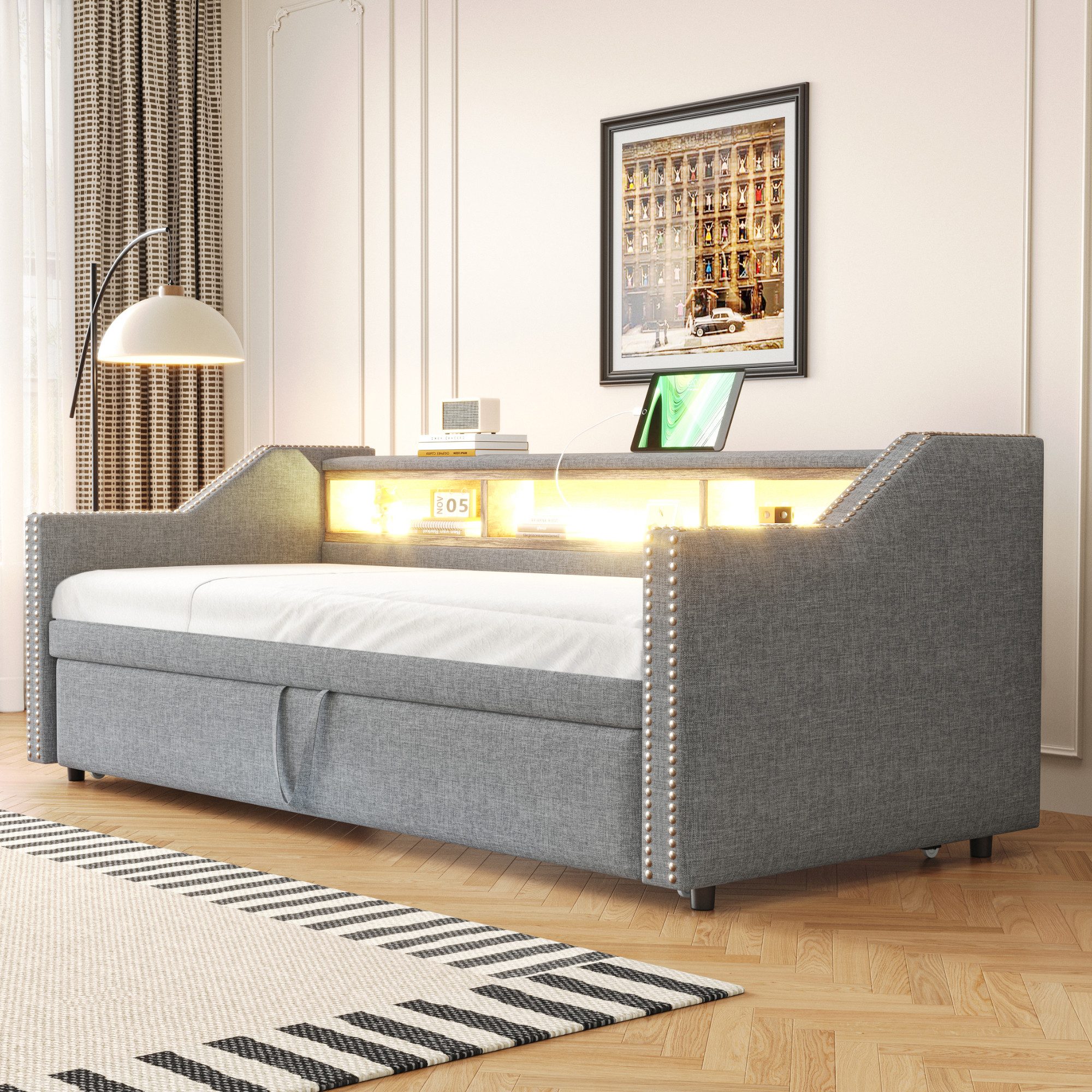 Flieks Daybett, Ausziehbares Polsterbett Schlafsofa 90/180x190cm mit USB-La günstig online kaufen
