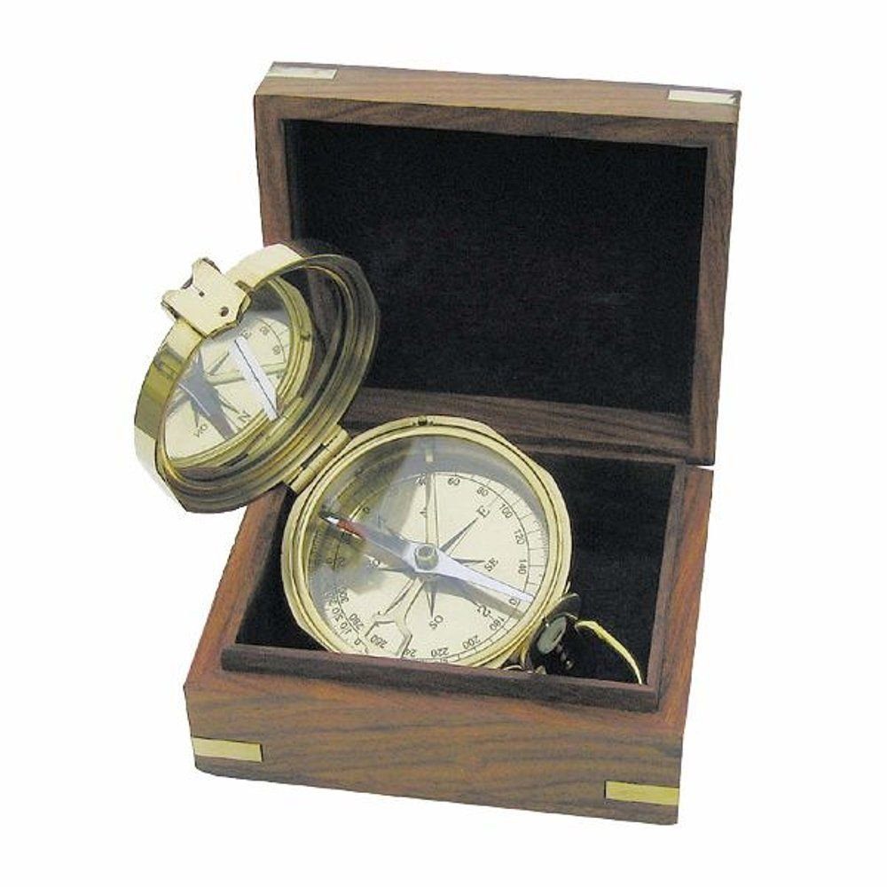 Linoows Dekoobjekt Maritimer Kompass, Magnet Kompass in der Holz Box, Kompass aus Messing in edler Holzbox