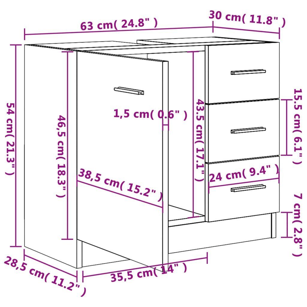 cm Spanplatte, Badezimmer-Set 63x30x54 vidaXL Hochglanz-Weiß (1-St) Waschbeckenunterschrank